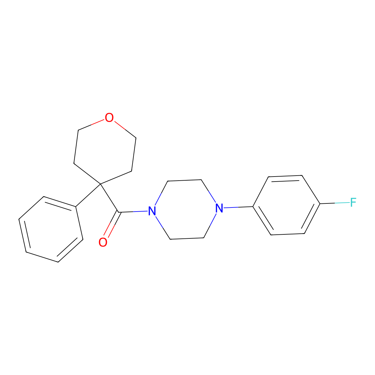 (4-(4-fluorophenyl)piperazin-1-yl)(4-phenyltetrahydro-2H-pyran-4-yl)methanone molecular structure, CAS 1091086-53-1