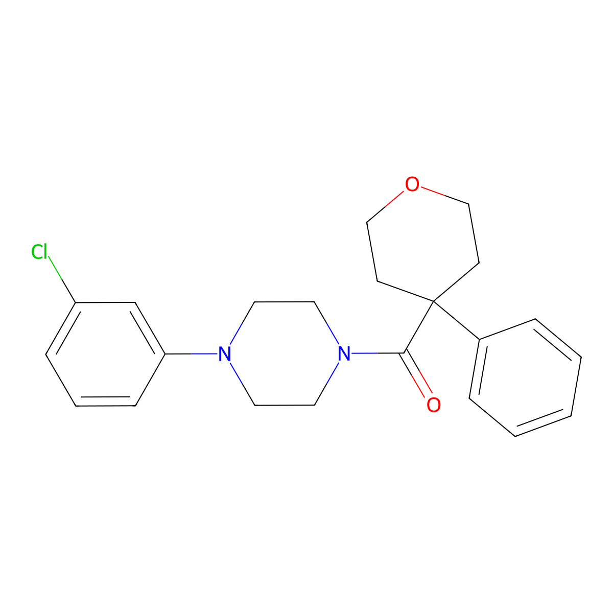 (4-(3-chlorophenyl)piperazin-1-yl)(4-phenyltetrahydro-2H-pyran-4-yl)methanone molecular structure, CAS 1091086-77-9