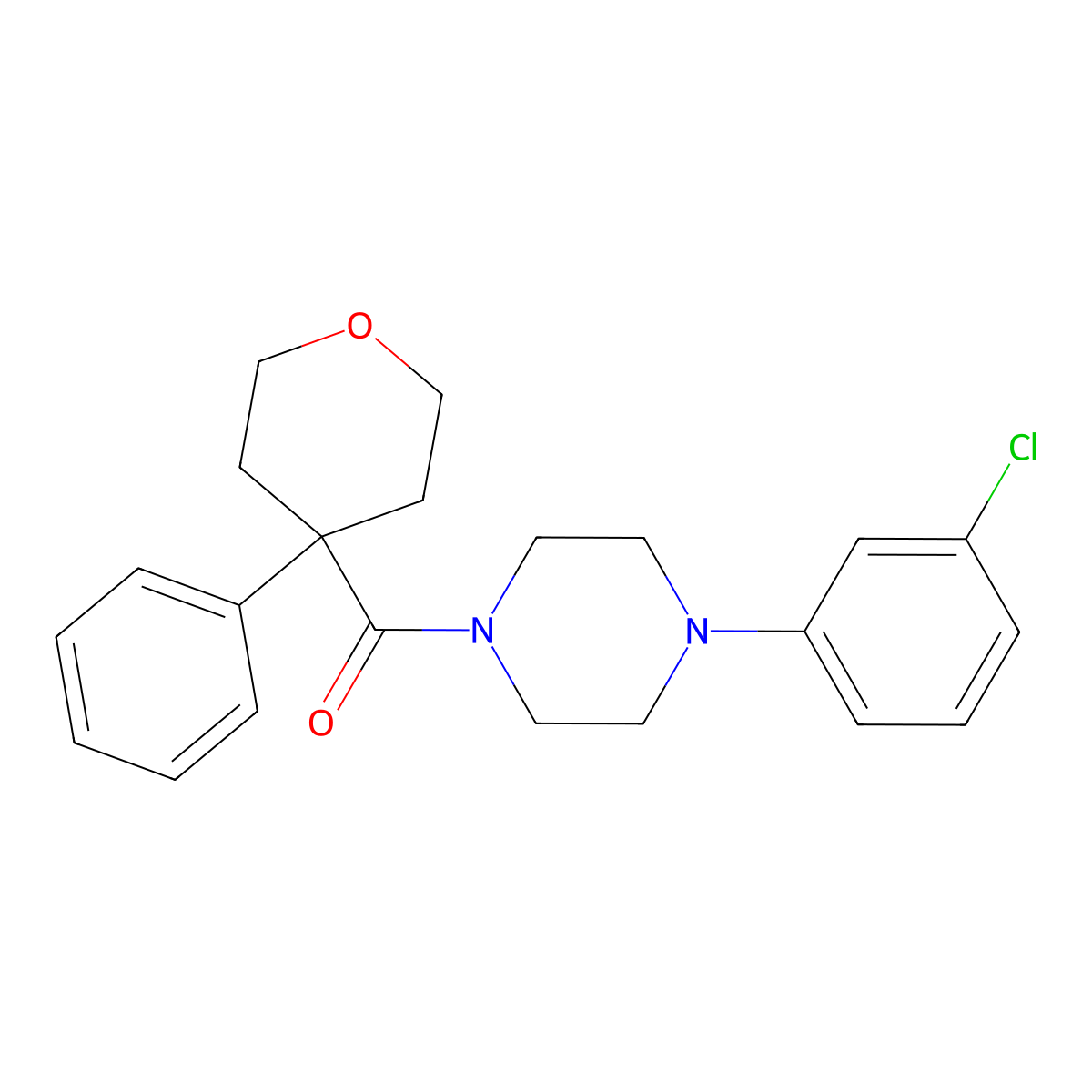 (4-(3-chlorophenyl)piperazin-1-yl)(4-phenyltetrahydro-2H-pyran-4-yl)methanone molecular structure, CAS 1091086-77-9
