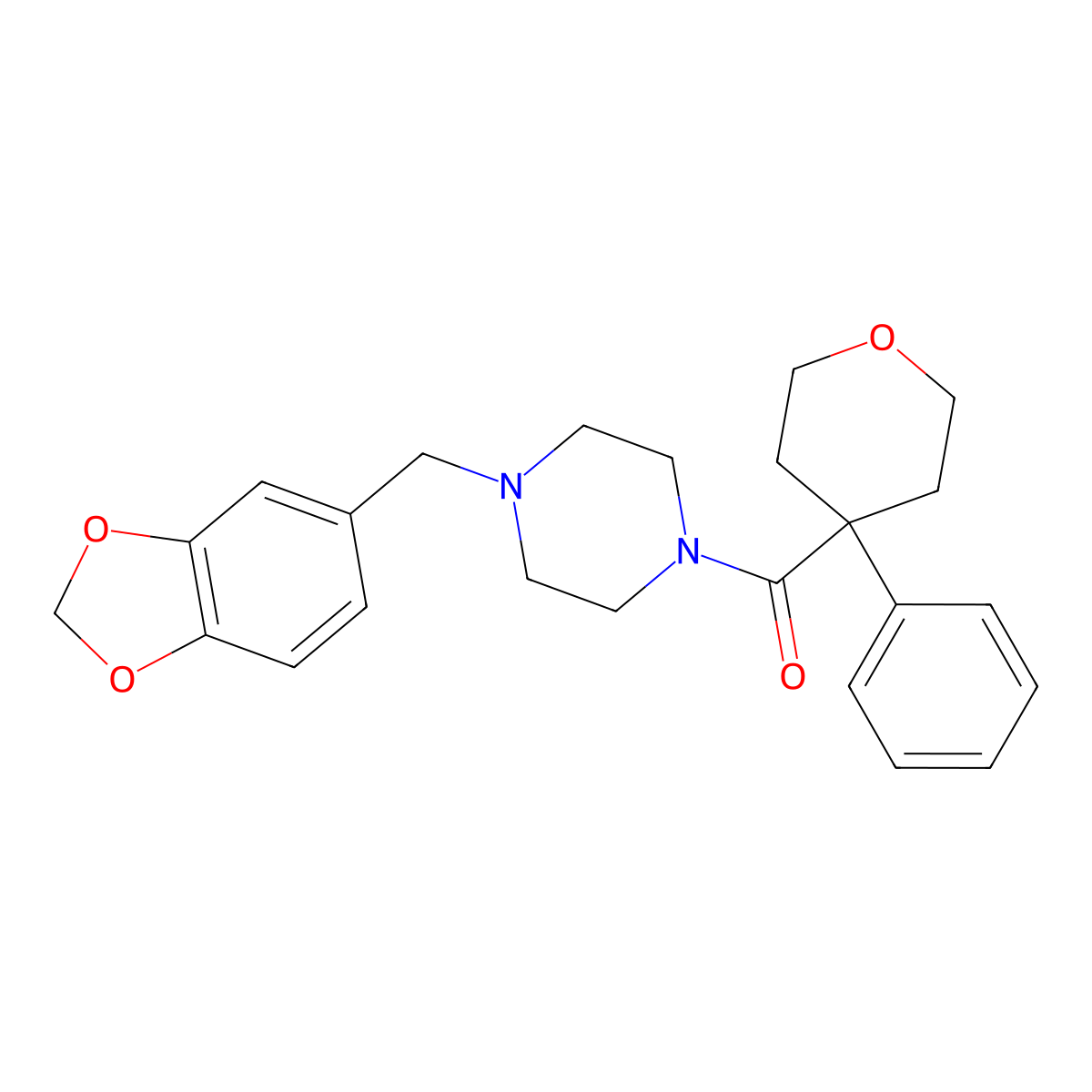 1-[(2H-1,3-benzodioxol-5-yl)methyl]-4-(4-phenyloxane-4-carbonyl)piperazine molecular structure, CAS 1091086-85-9