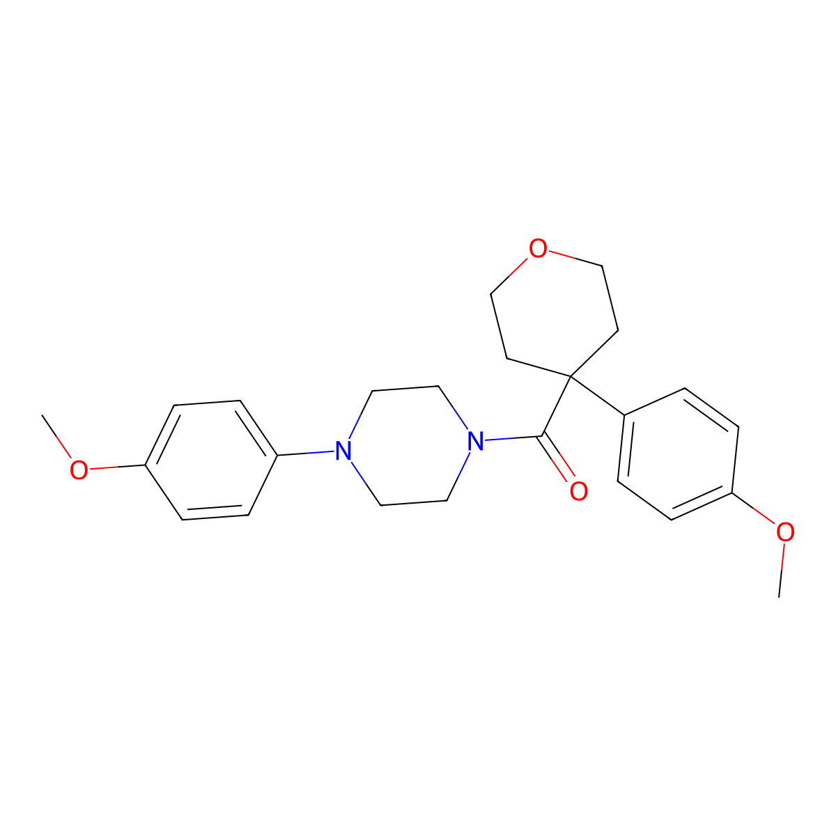 (4-(4-methoxyphenyl)piperazin-1-yl)(4-(4-methoxyphenyl)tetrahydro-2H-pyran-4-yl)methanone molecular structure, CAS 1091089-59-6