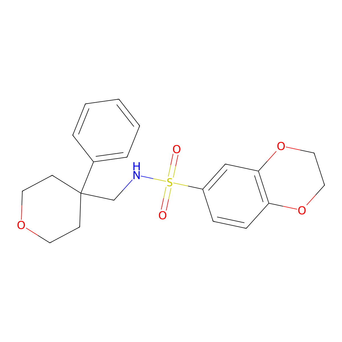 N-((4-phenyltetrahydro-2H-pyran-4-yl)methyl)-2,3-dihydrobenzo[b][1,4]dioxine-6-sulfonamide molecular structure, CAS 1091107-15-1