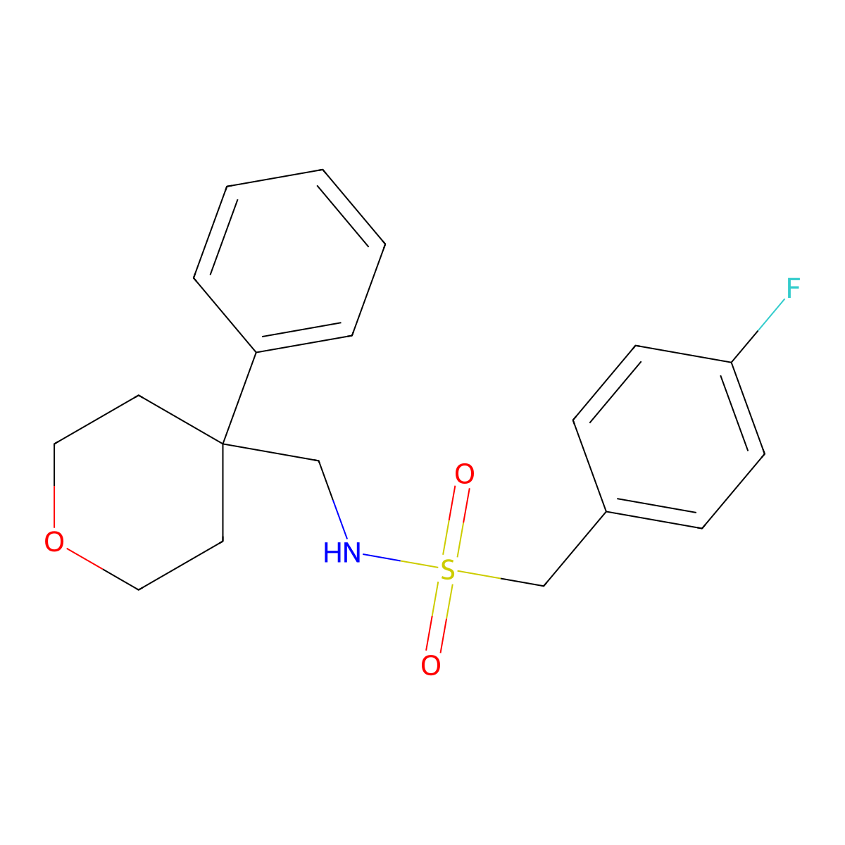 1-(4-fluorophenyl)-N-[(4-phenyloxan-4-yl)methyl]methanesulfonamide molecular structure, CAS 1091108-11-0
