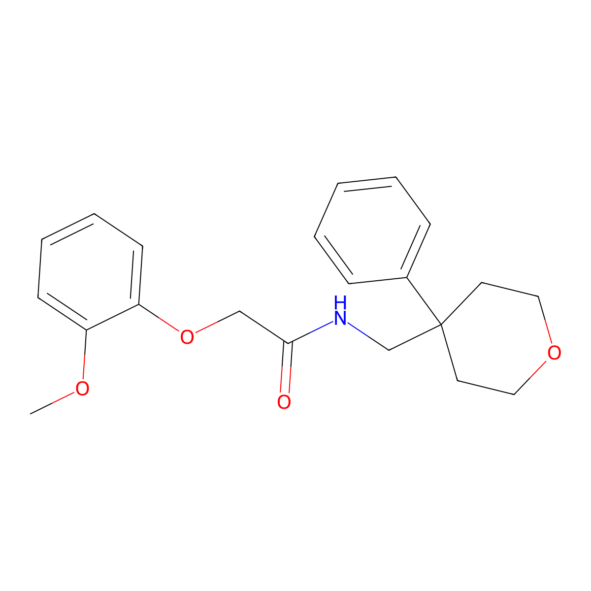 2-(2-methoxyphenoxy)-N-((4-phenyltetrahydro-2H-pyran-4-yl)methyl)acetamide molecular structure, CAS 1091123-85-1