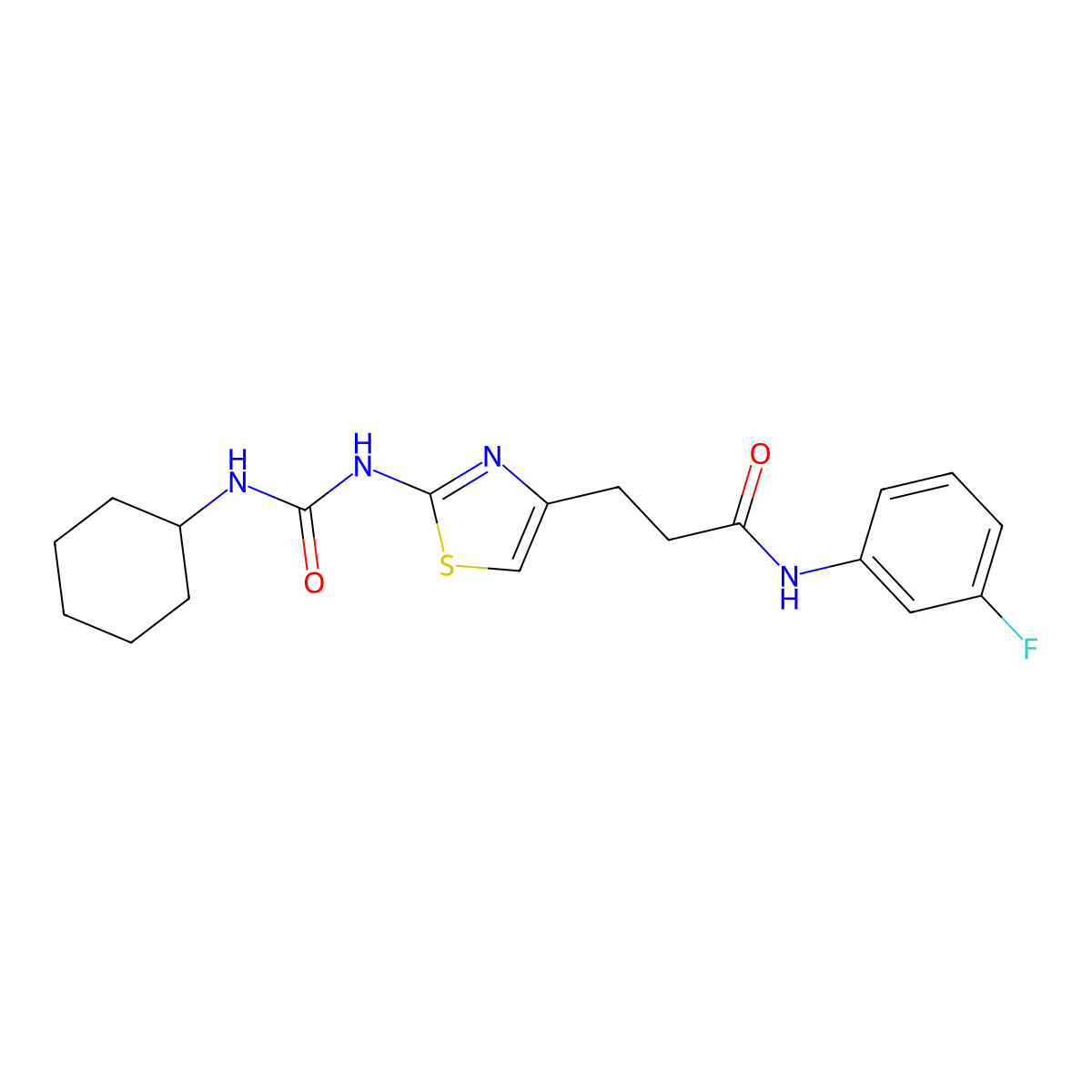 3-{2-[(cyclohexylcarbamoyl)amino]-1,3-thiazol-4-yl}-N-(3-fluorophenyl)propanamide molecular structure, CAS 1091132-31-8