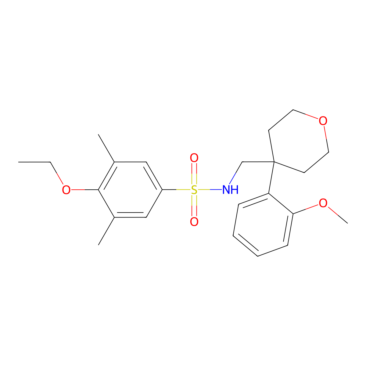 4-ethoxy-N-((4-(2-methoxyphenyl)tetrahydro-2H-pyran-4-yl)methyl)-3,5-dimethylbenzenesulfonamide molecular structure, CAS 1091133-75-3