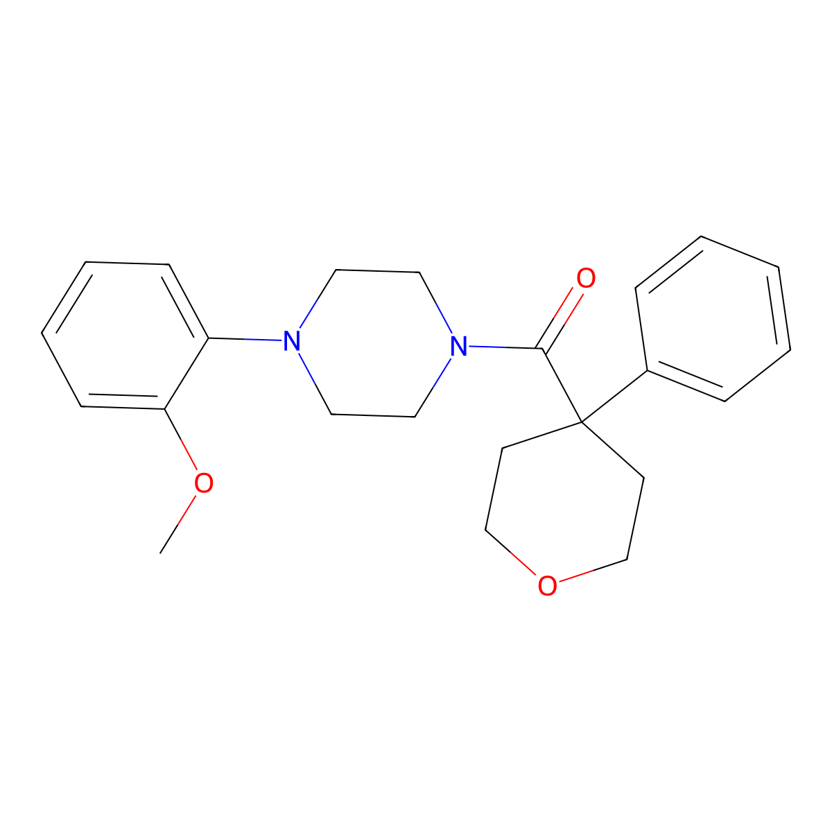(4-(2-methoxyphenyl)piperazin-1-yl)(4-phenyltetrahydro-2H-pyran-4-yl)methanone molecular structure, CAS 1091134-49-4