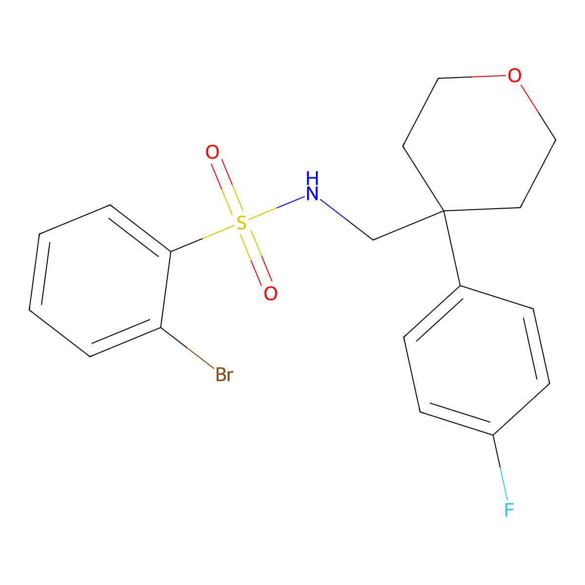 2-bromo-N-((4-(4-fluorophenyl)tetrahydro-2H-pyran-4-yl)methyl)benzenesulfonamide molecular structure, CAS 1091136-15-0