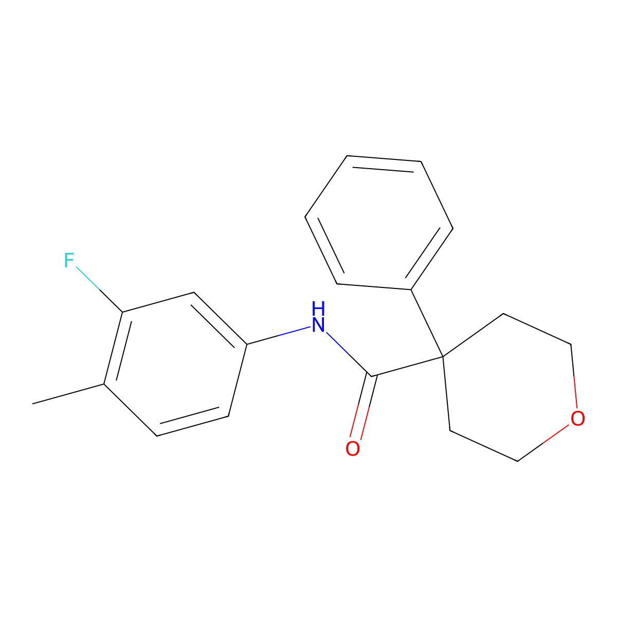 N-(3-fluoro-4-methylphenyl)-4-phenyloxane-4-carboxamide molecular structure, CAS 1091141-76-2