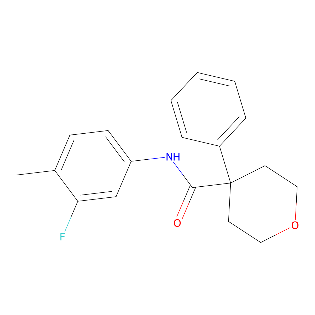 N-(3-fluoro-4-methylphenyl)-4-phenyloxane-4-carboxamide molecular structure, CAS 1091141-76-2
