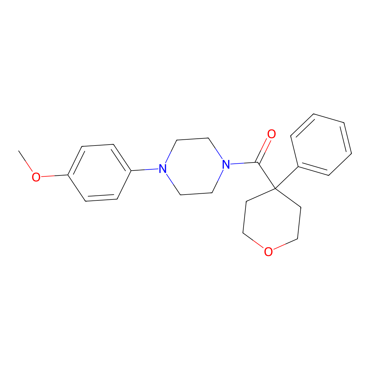 (4-(4-methoxyphenyl)piperazin-1-yl)(4-phenyltetrahydro-2H-pyran-4-yl)methanone molecular structure, CAS 1091143-01-9