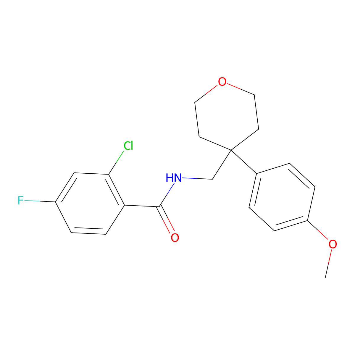 2-chloro-4-fluoro-N-{[4-(4-methoxyphenyl)oxan-4-yl]methyl}benzamide molecular structure, CAS 1091151-78-8