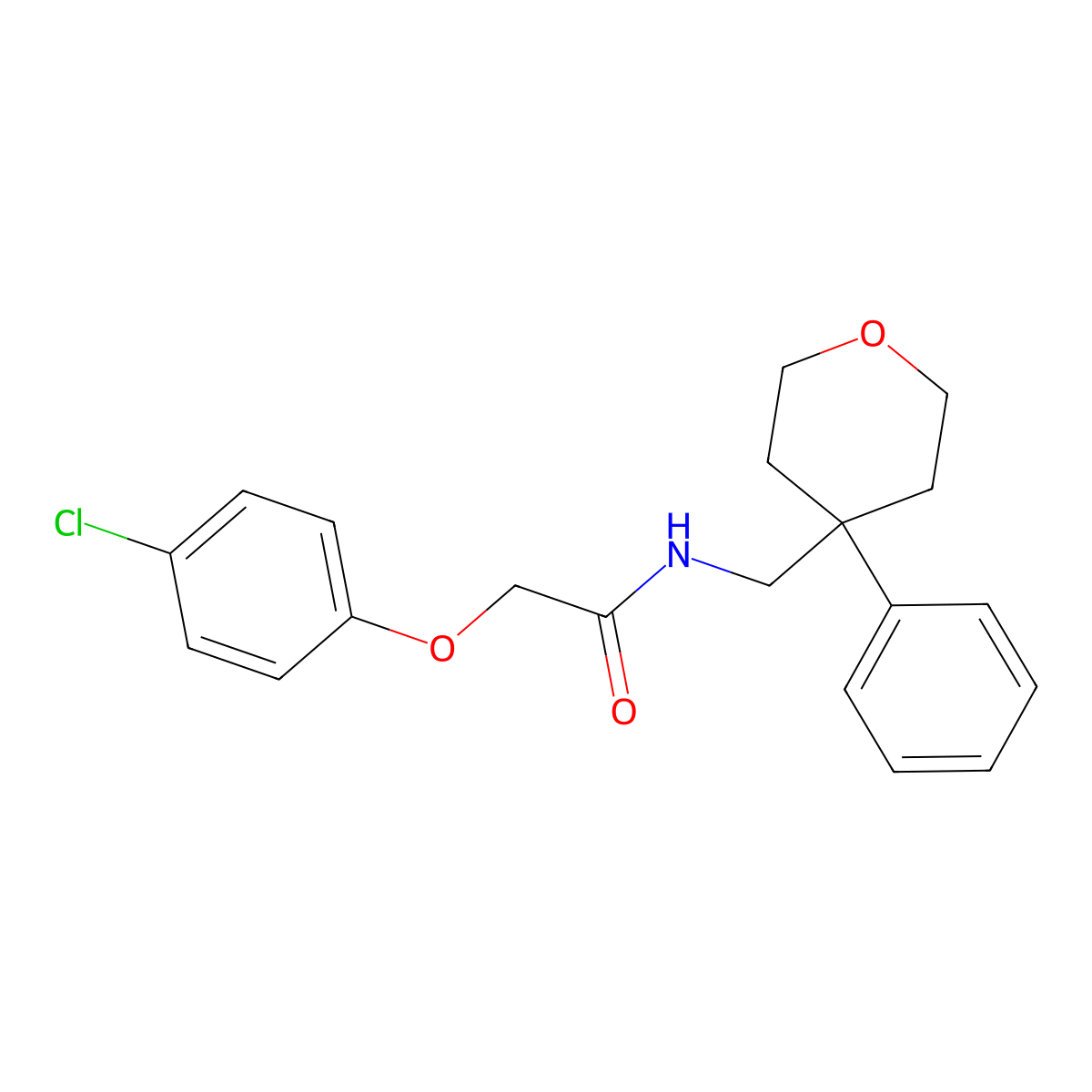 2-(4-chlorophenoxy)-N-[(4-phenyloxan-4-yl)methyl]acetamide molecular structure, CAS 1091169-29-7