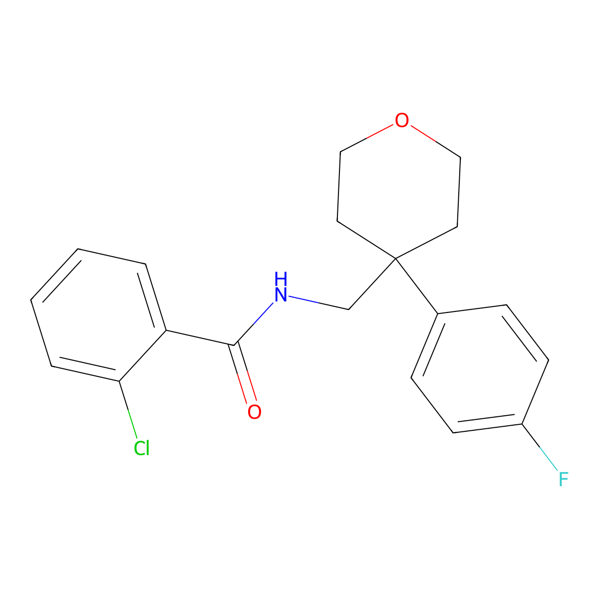 2-chloro-N-{[4-(4-fluorophenyl)oxan-4-yl]methyl}benzamide molecular structure, CAS 1091172-12-1