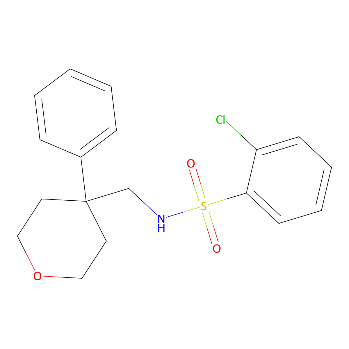 2-chloro-N-[(4-phenyloxan-4-yl)methyl]benzene-1-sulfonamide molecular structure, CAS 1091173-24-8