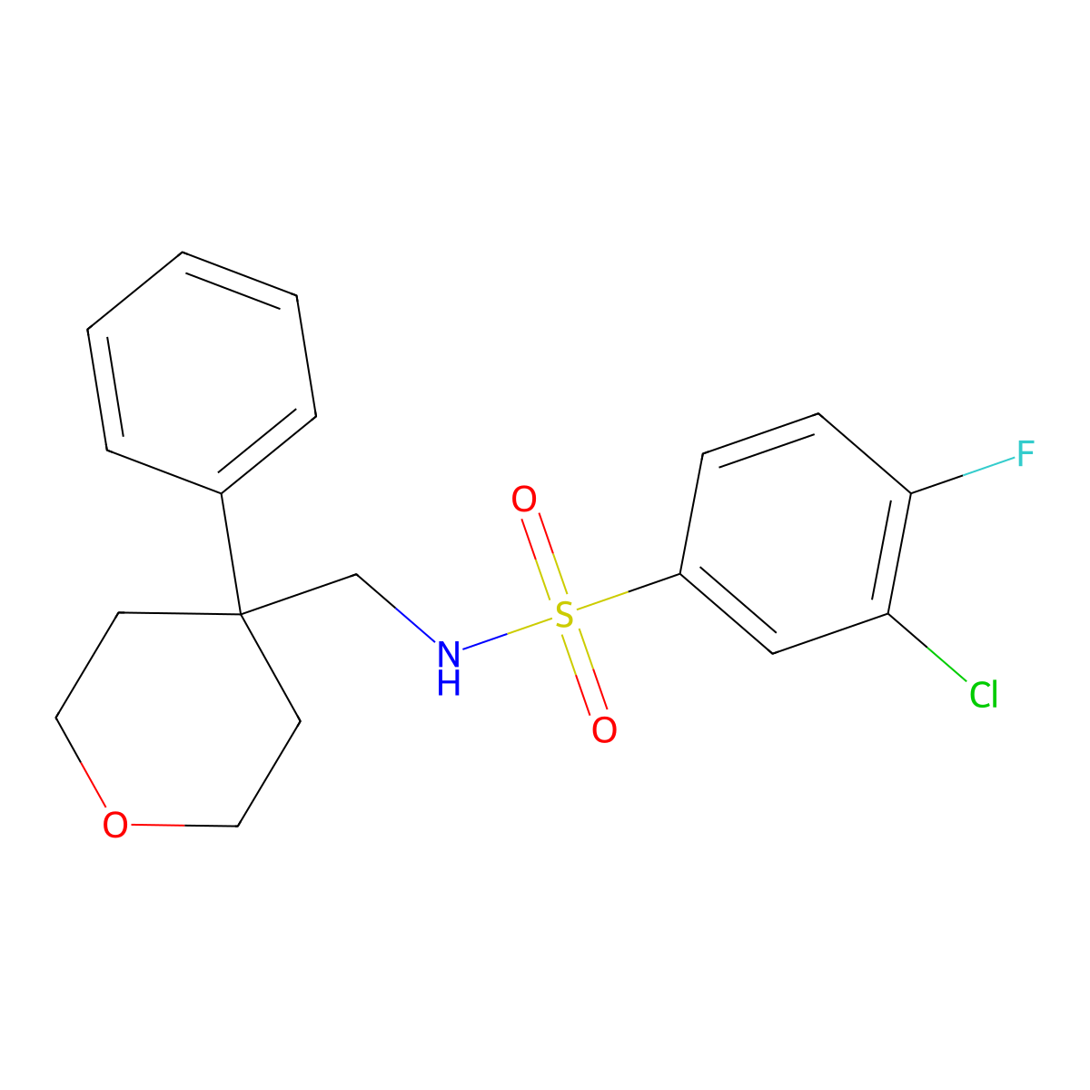 3-chloro-4-fluoro-N-[(4-phenyloxan-4-yl)methyl]benzene-1-sulfonamide molecular structure, CAS 1091173-40-8