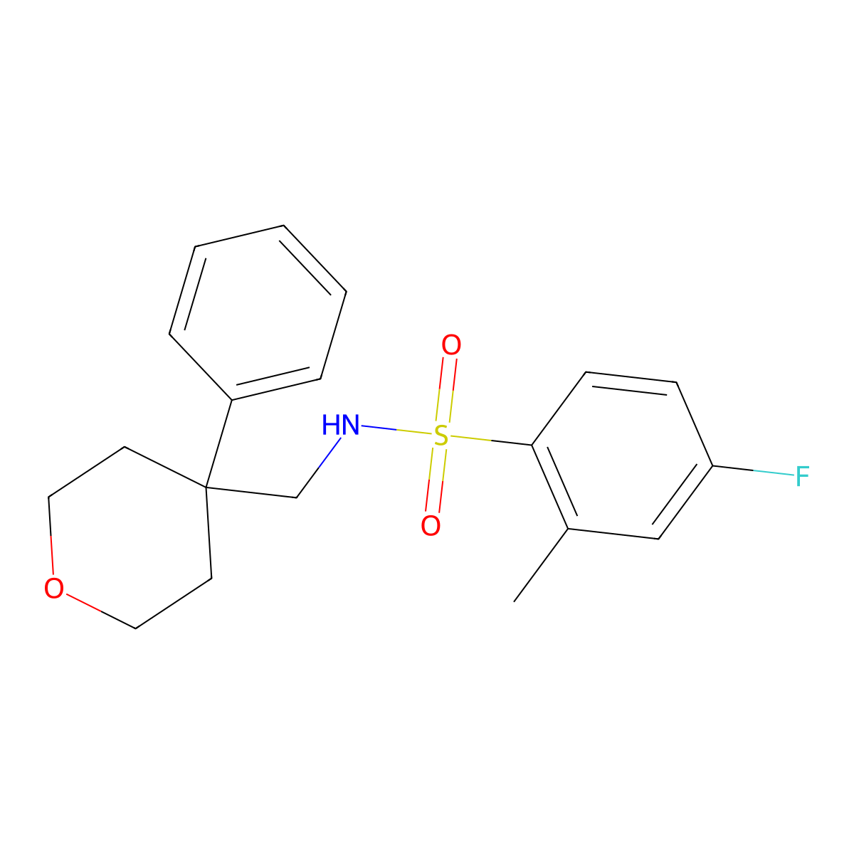 4-fluoro-2-methyl-N-[(4-phenyloxan-4-yl)methyl]benzene-1-sulfonamide molecular structure, CAS 1091173-96-4