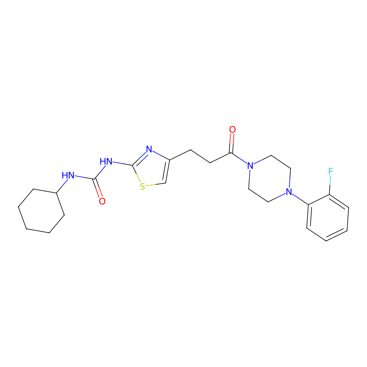 1-Cyclohexyl-3-(4-{3-[4-(2-fluorophenyl)piperazin-1-yl]-3-oxopropyl}-1,3-thiazol-2-yl)urea molecular structure, CAS 1091179-03-1