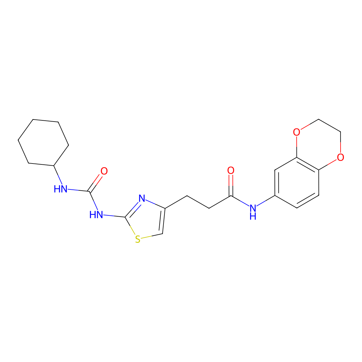 3-{2-[(cyclohexylcarbamoyl)amino]-1,3-thiazol-4-yl}-N-(2,3-dihydro-1,4-benzodioxin-6-yl)propanamide molecular structure, CAS 1091179-13-3