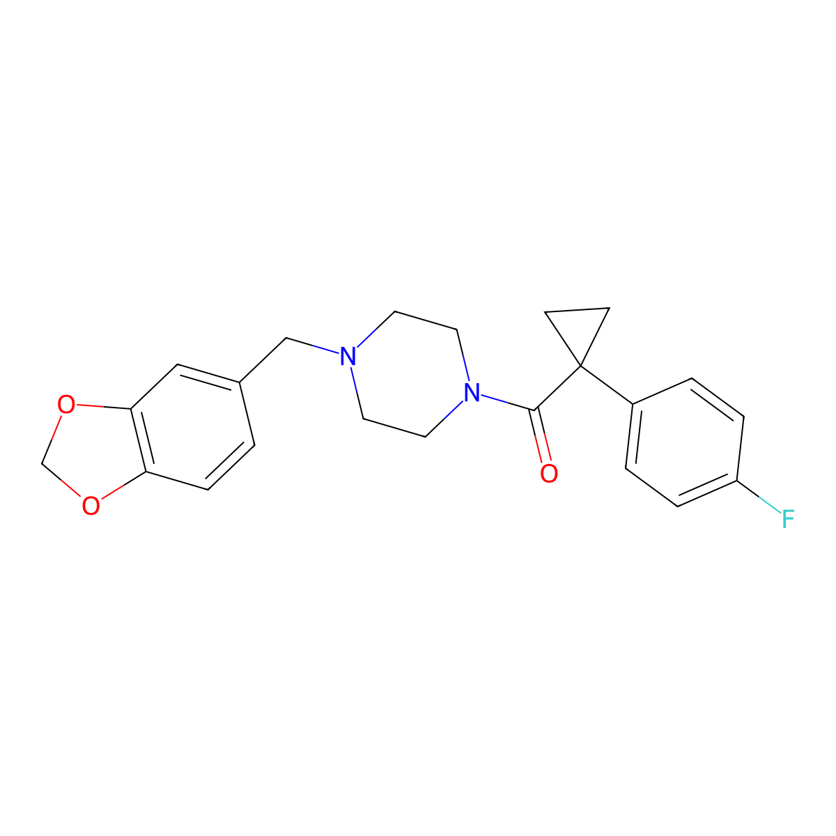 (4-(Benzo[d][1,3]dioxol-5-ylmethyl)piperazin-1-yl)(1-(4-fluorophenyl)cyclopropyl)methanone molecular structure, CAS 1091383-25-3