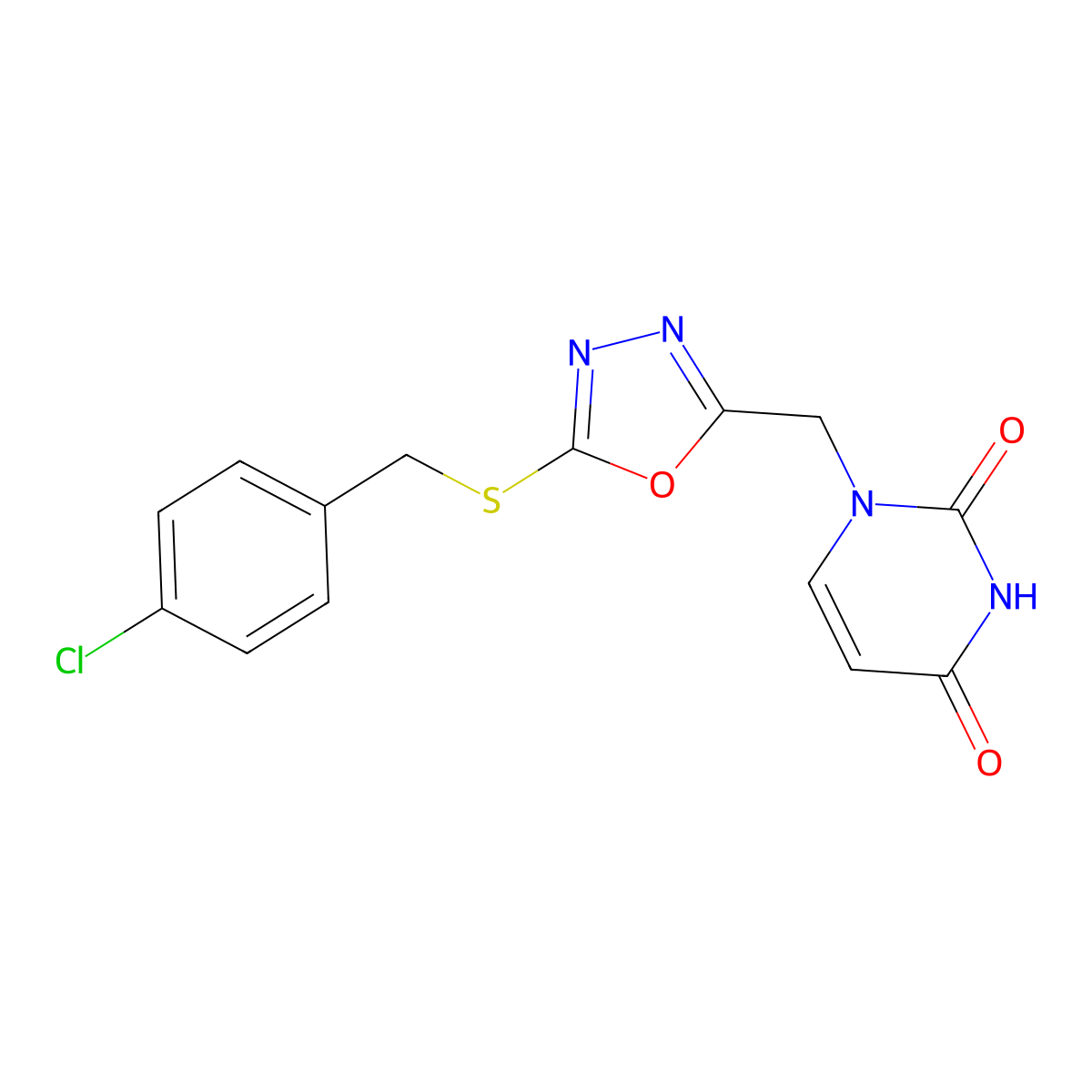 1-((5-((4-chlorobenzyl)thio)-1,3,4-oxadiazol-2-yl)methyl)pyrimidine-2,4(1H,3H)-dione molecular structure, CAS 1091391-81-9