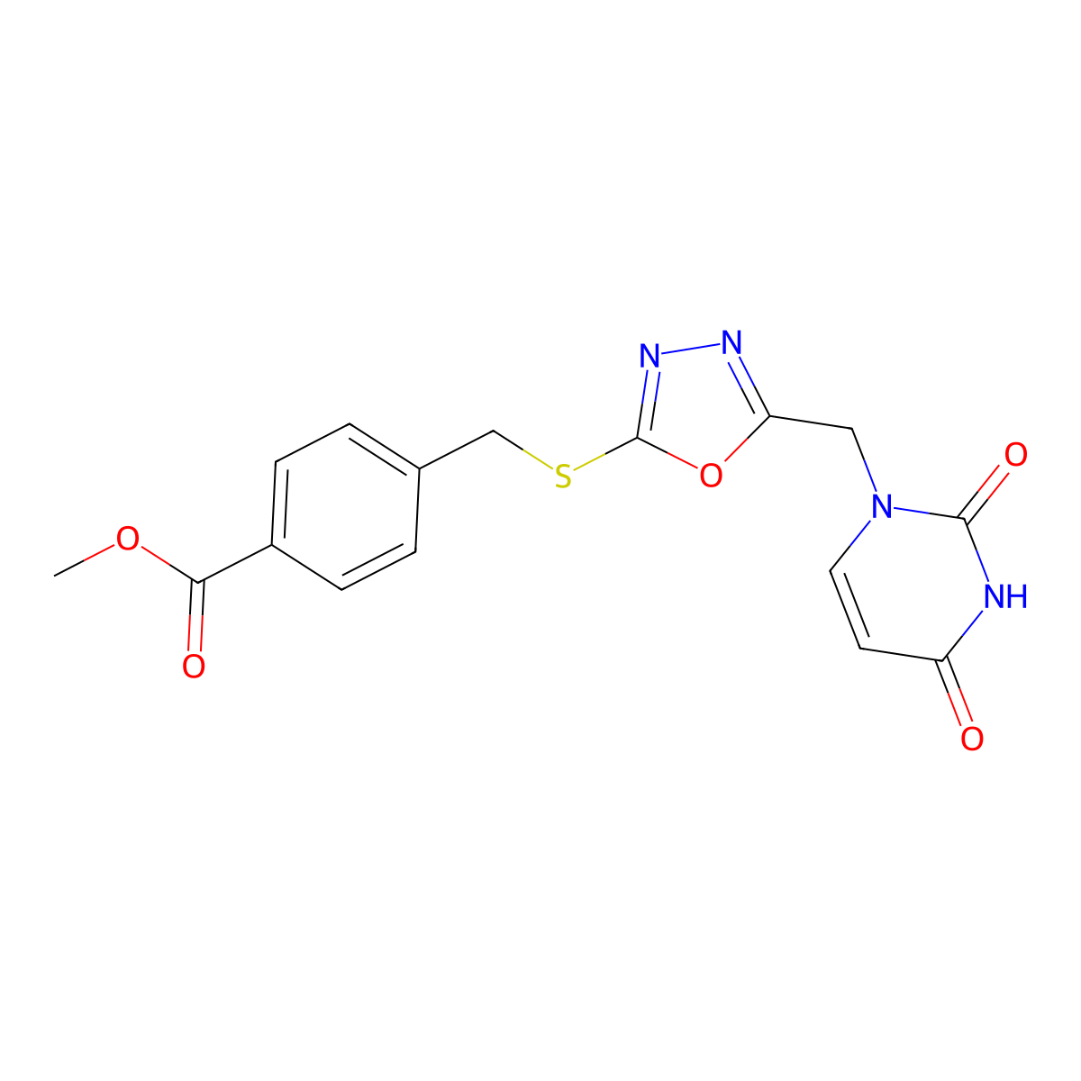 methyl 4-(((5-((2,4-dioxo-3,4-dihydropyrimidin-1(2H)-yl)methyl)-1,3,4-oxadiazol-2-yl)thio)methyl)benzoate molecular structure, CAS 1091391-86-4