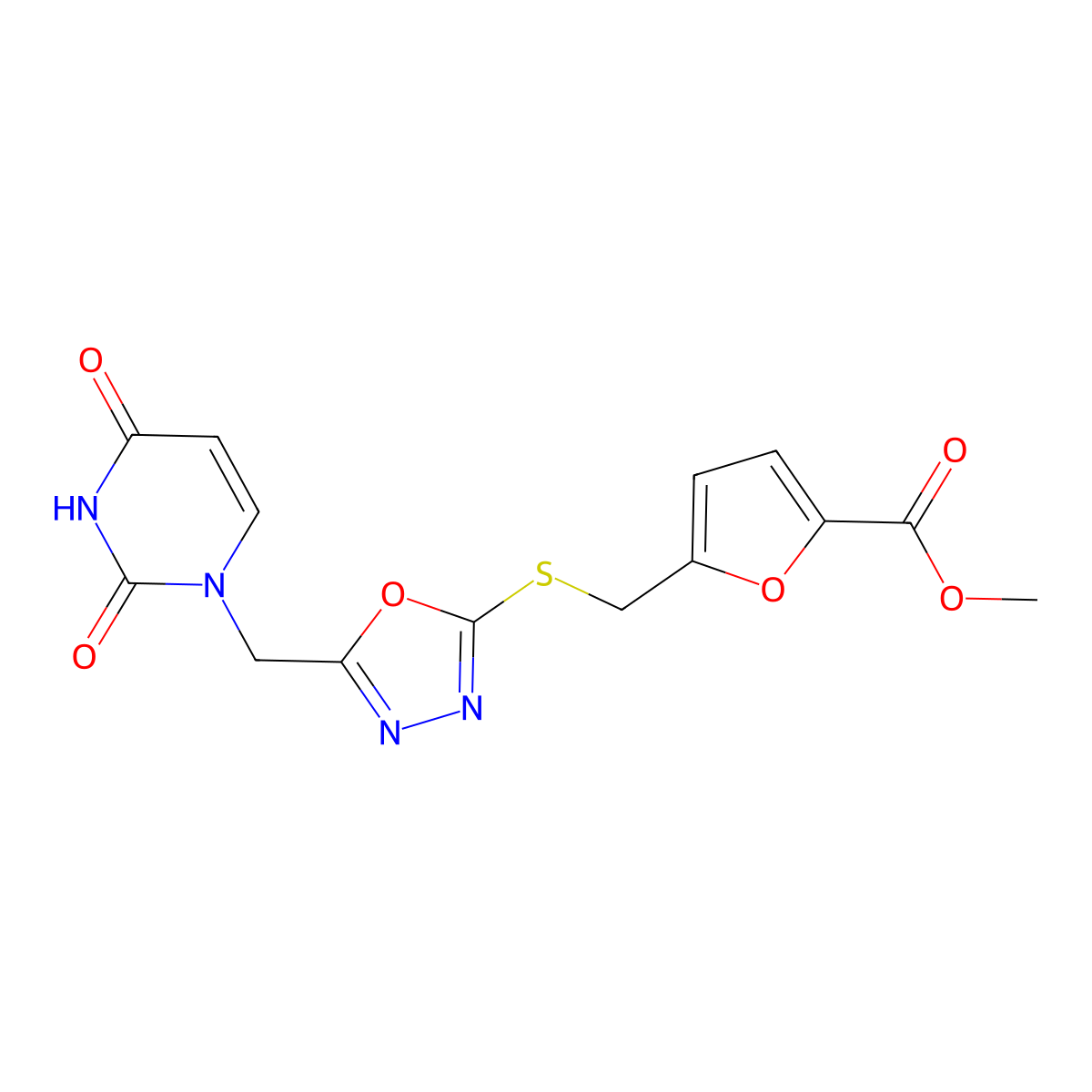 methyl 5-(((5-((2,4-dioxo-3,4-dihydropyrimidin-1(2H)-yl)methyl)-1,3,4-oxadiazol-2-yl)thio)methyl)furan-2-carboxylate molecular structure, CAS 1091391-91-1
