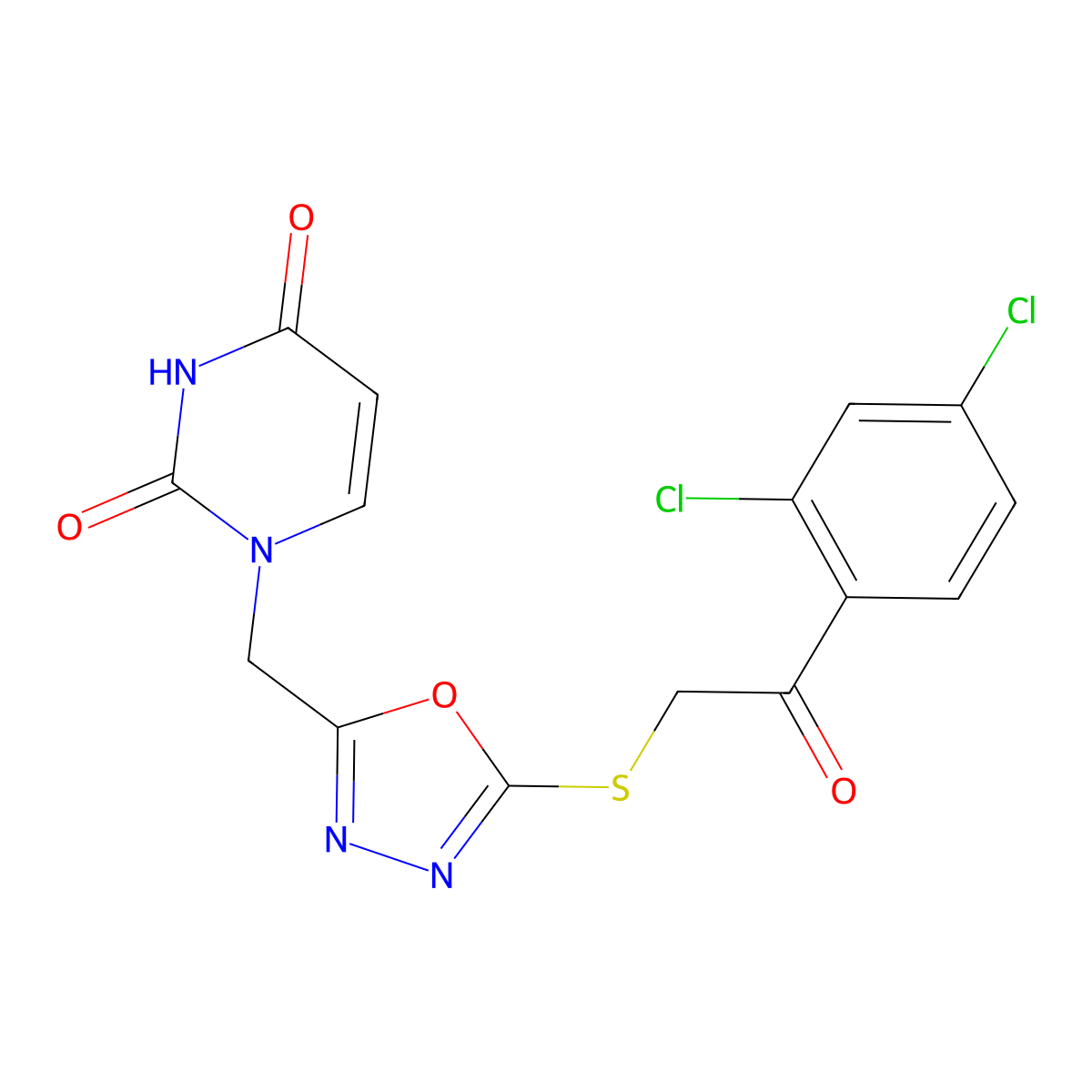 1-((5-((2-(2,4-dichlorophenyl)-2-oxoethyl)thio)-1,3,4-oxadiazol-2-yl)methyl)pyrimidine-2,4(1H,3H)-dione molecular structure, CAS 1091392-14-1