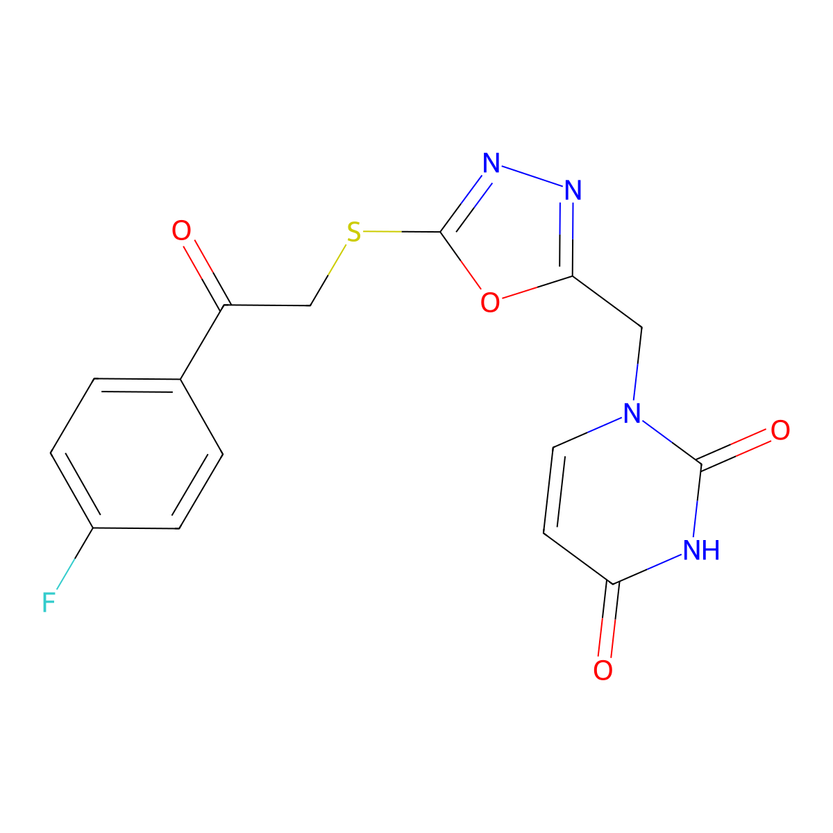 1-((5-((2-(4-fluorophenyl)-2-oxoethyl)thio)-1,3,4-oxadiazol-2-yl)methyl)pyrimidine-2,4(1H,3H)-dione molecular structure, CAS 1091392-20-9