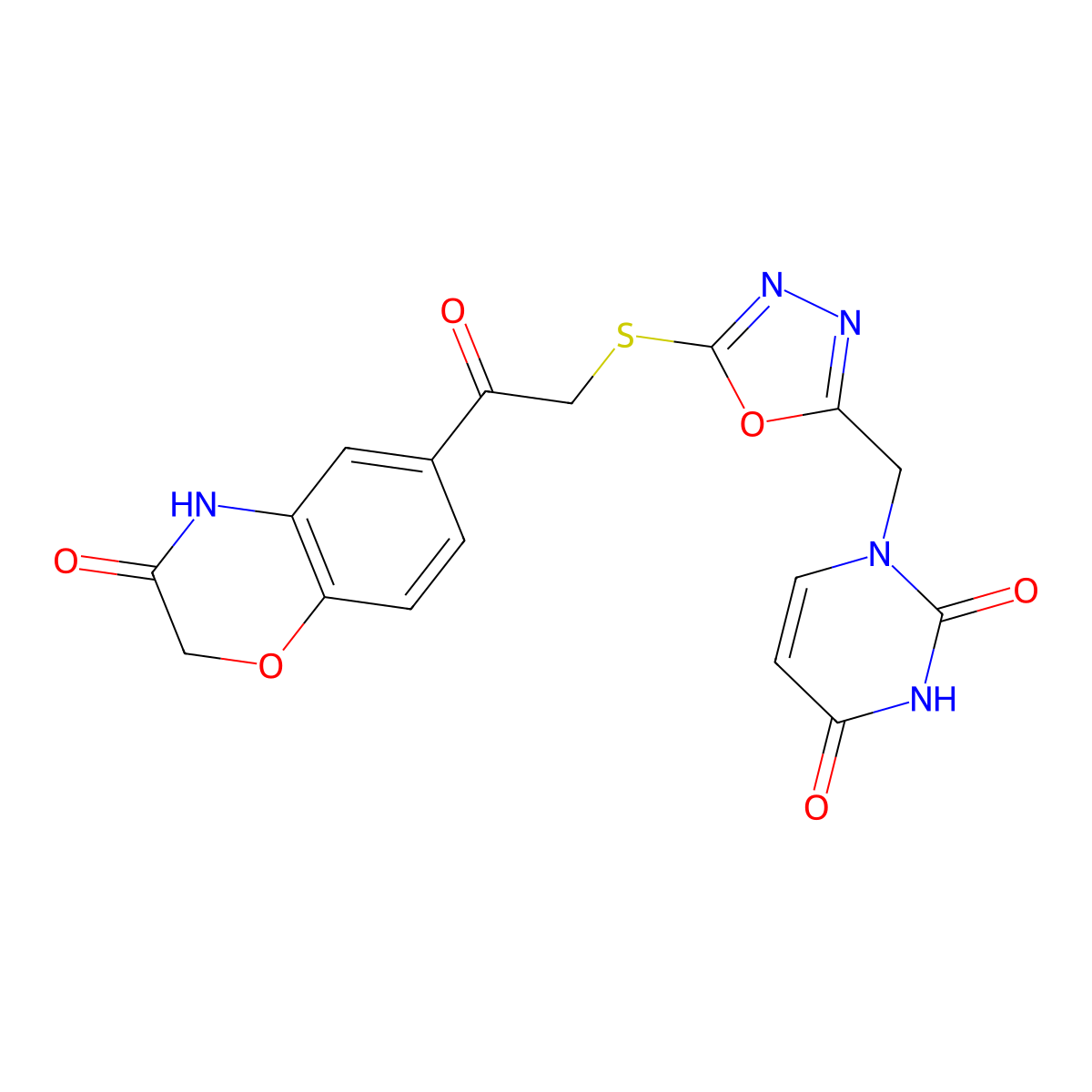 1-((5-((2-oxo-2-(3-oxo-3,4-dihydro-2H-benzo[b][1,4]oxazin-6-yl)ethyl)thio)-1,3,4-oxadiazol-2-yl)methyl)pyrimidine-2,4(1H,3H)-dione molecular structure, CAS 1091392-41-4