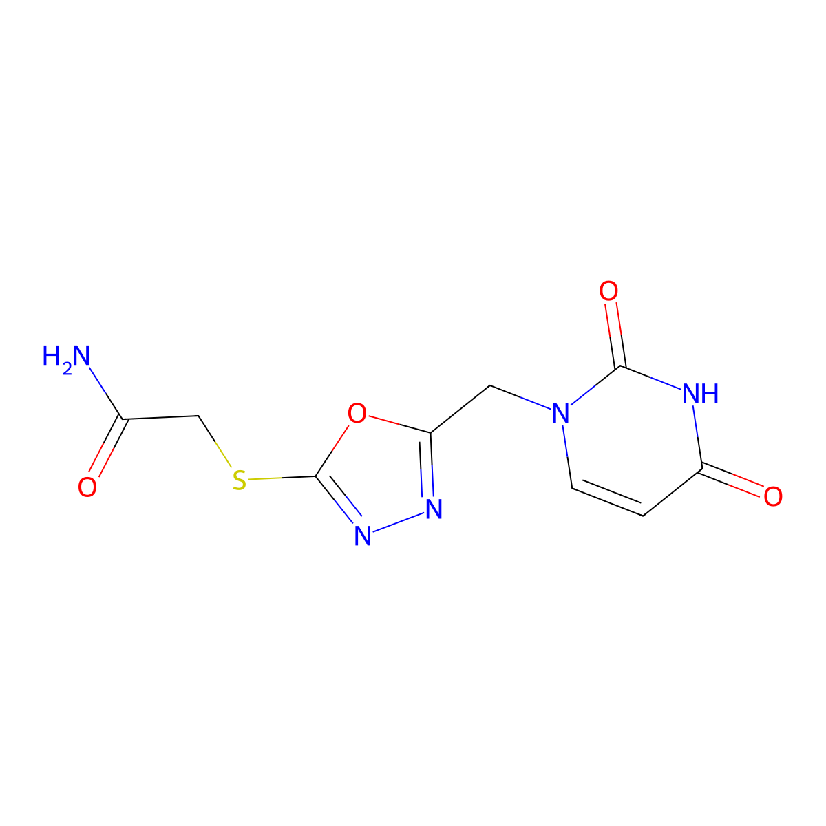 2-((5-((2,4-dioxo-3,4-dihydropyrimidin-1(2H)-yl)methyl)-1,3,4-oxadiazol-2-yl)thio)acetamide molecular structure, CAS 1091392-46-9