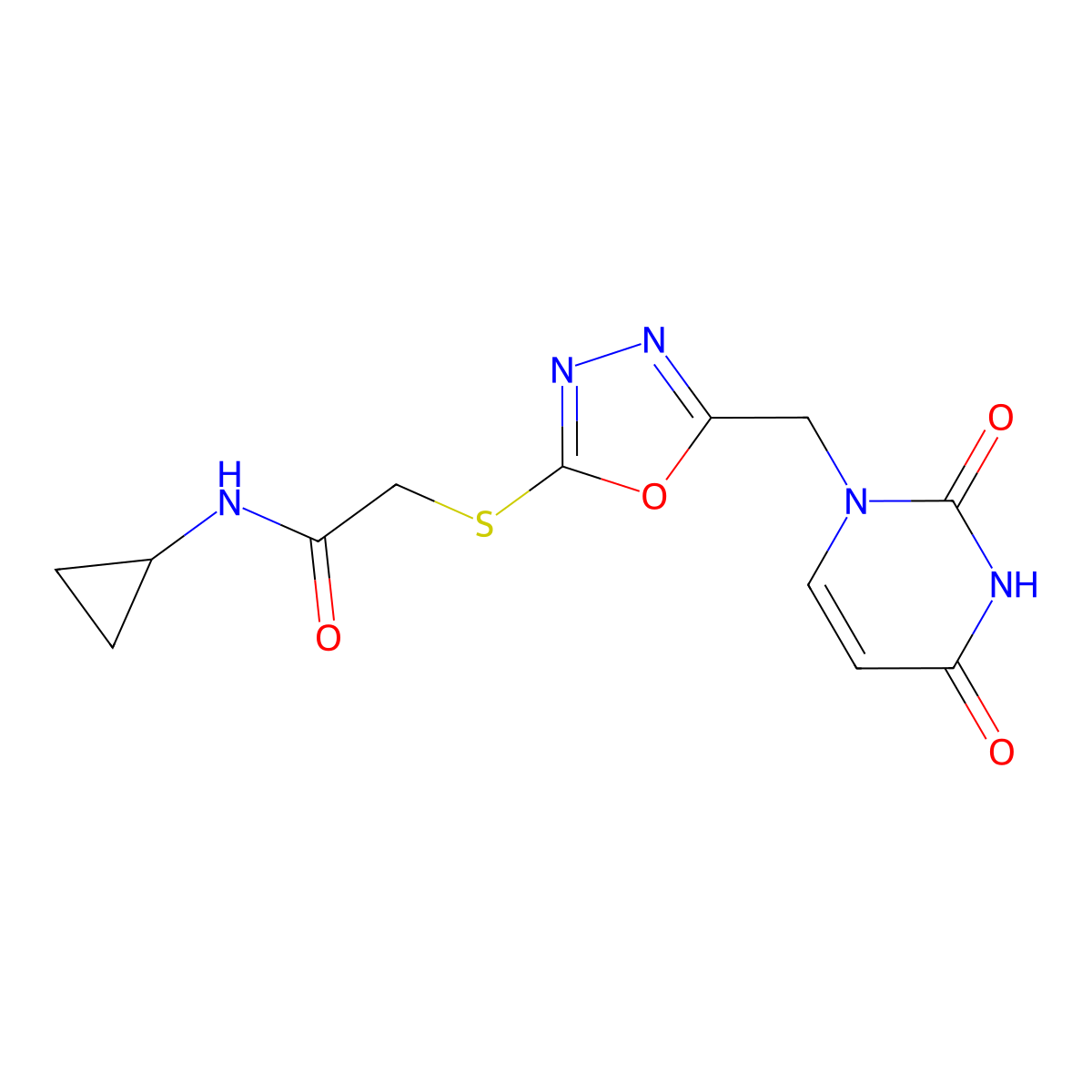 N-cyclopropyl-2-((5-((2,4-dioxo-3,4-dihydropyrimidin-1(2H)-yl)methyl)-1,3,4-oxadiazol-2-yl)thio)acetamide molecular structure, CAS 1091392-51-6