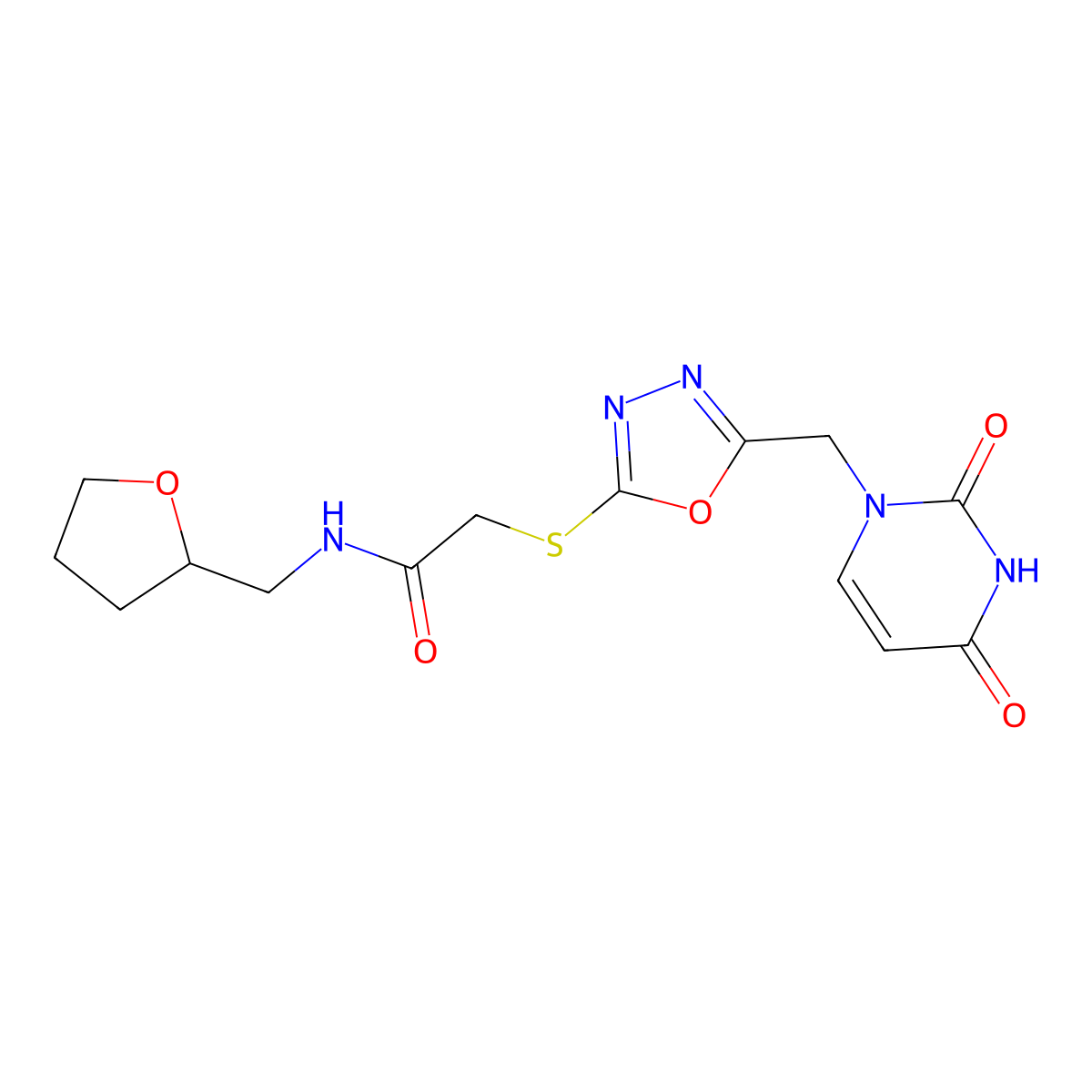 2-((5-((2,4-dioxo-3,4-dihydropyrimidin-1(2H)-yl)methyl)-1,3,4-oxadiazol-2-yl)thio)-N-((tetrahydrofuran-2-yl)methyl)acetamide molecular structure, CAS 1091392-61-8