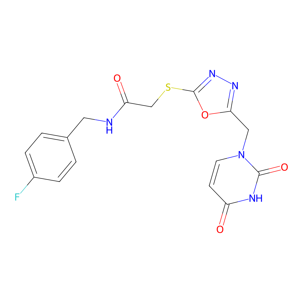 2-((5-((2,4-dioxo-3,4-dihydropyrimidin-1(2H)-yl)methyl)-1,3,4-oxadiazol-2-yl)thio)-N-(4-fluorobenzyl)acetamide molecular structure, CAS 1091392-71-0
