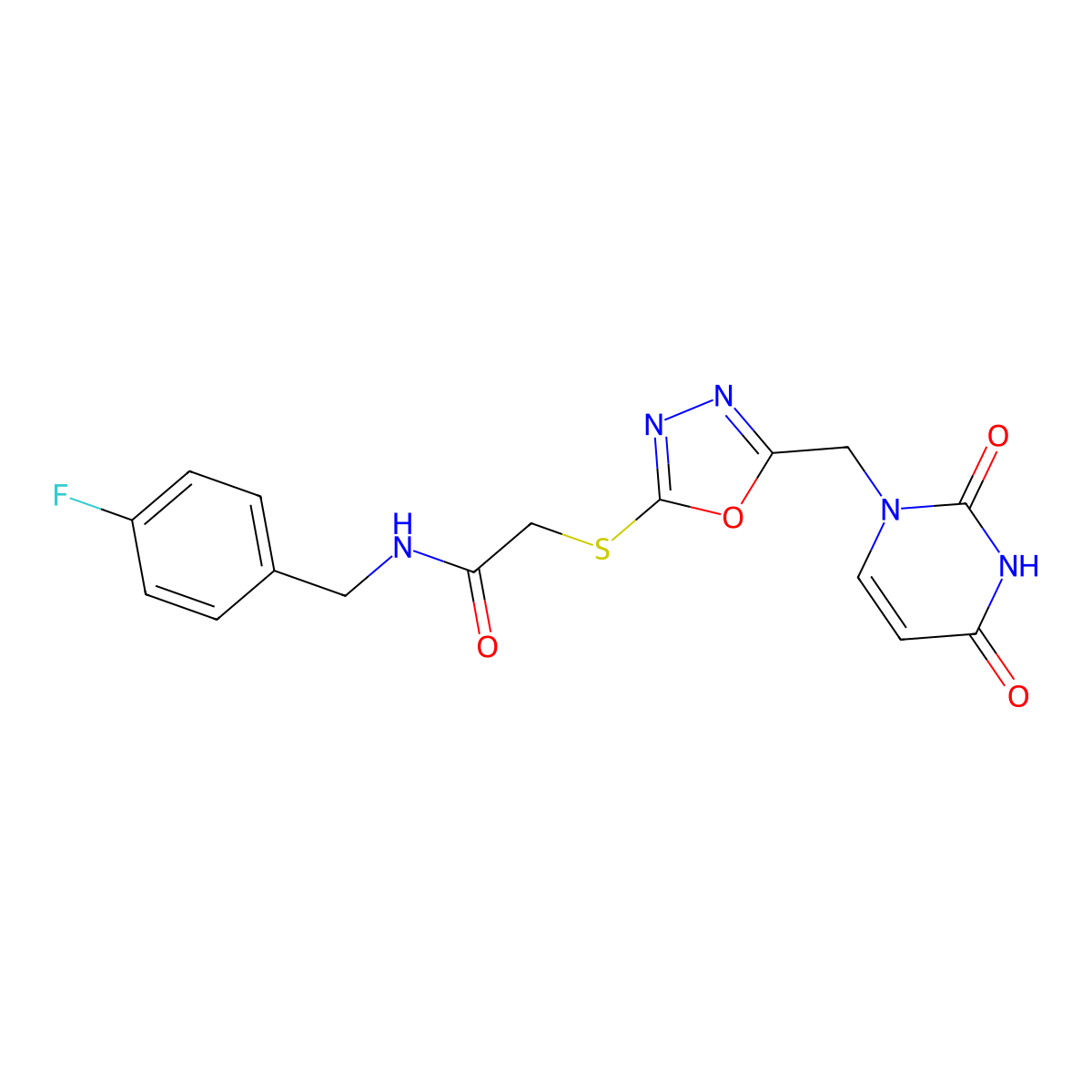 2-((5-((2,4-dioxo-3,4-dihydropyrimidin-1(2H)-yl)methyl)-1,3,4-oxadiazol-2-yl)thio)-N-(4-fluorobenzyl)acetamide molecular structure, CAS 1091392-71-0