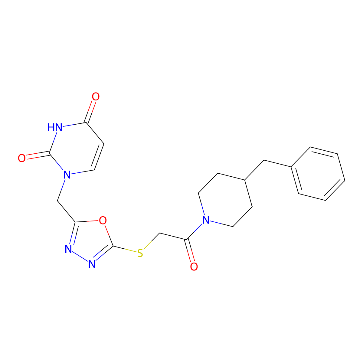 1-((5-((2-(4-benzylpiperidin-1-yl)-2-oxoethyl)thio)-1,3,4-oxadiazol-2-yl)methyl)pyrimidine-2,4(1H,3H)-dione molecular structure, CAS 1091392-76-5