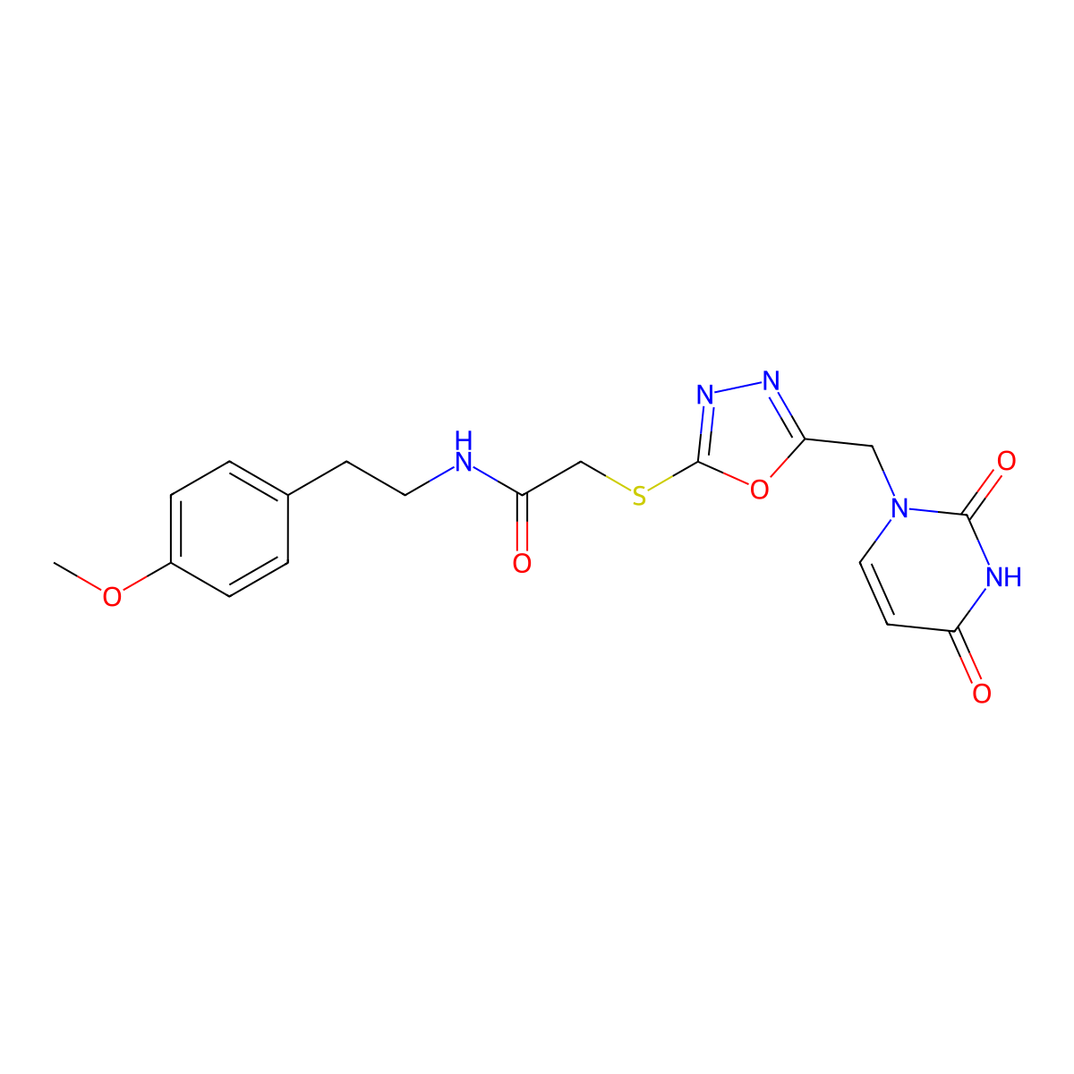 2-((5-((2,4-dioxo-3,4-dihydropyrimidin-1(2H)-yl)methyl)-1,3,4-oxadiazol-2-yl)thio)-N-(4-methoxyphenethyl)acetamide molecular structure, CAS 1091392-86-7