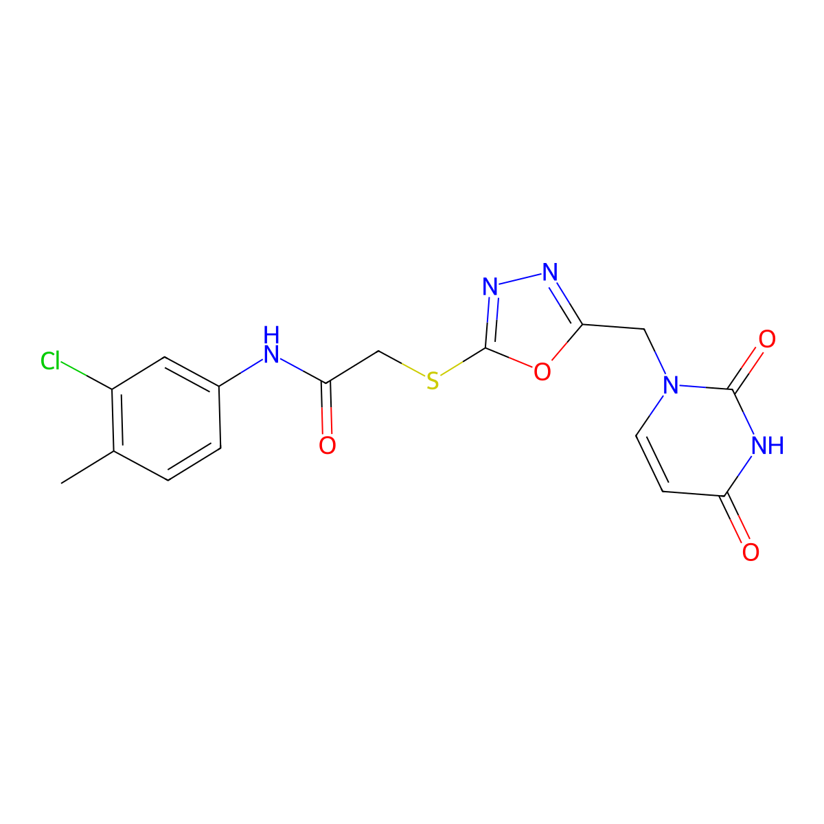 N-(3-chloro-4-methylphenyl)-2-((5-((2,4-dioxo-3,4-dihydropyrimidin-1(2H)-yl)methyl)-1,3,4-oxadiazol-2-yl)thio)acetamide molecular structure, CAS 1091393-16-6