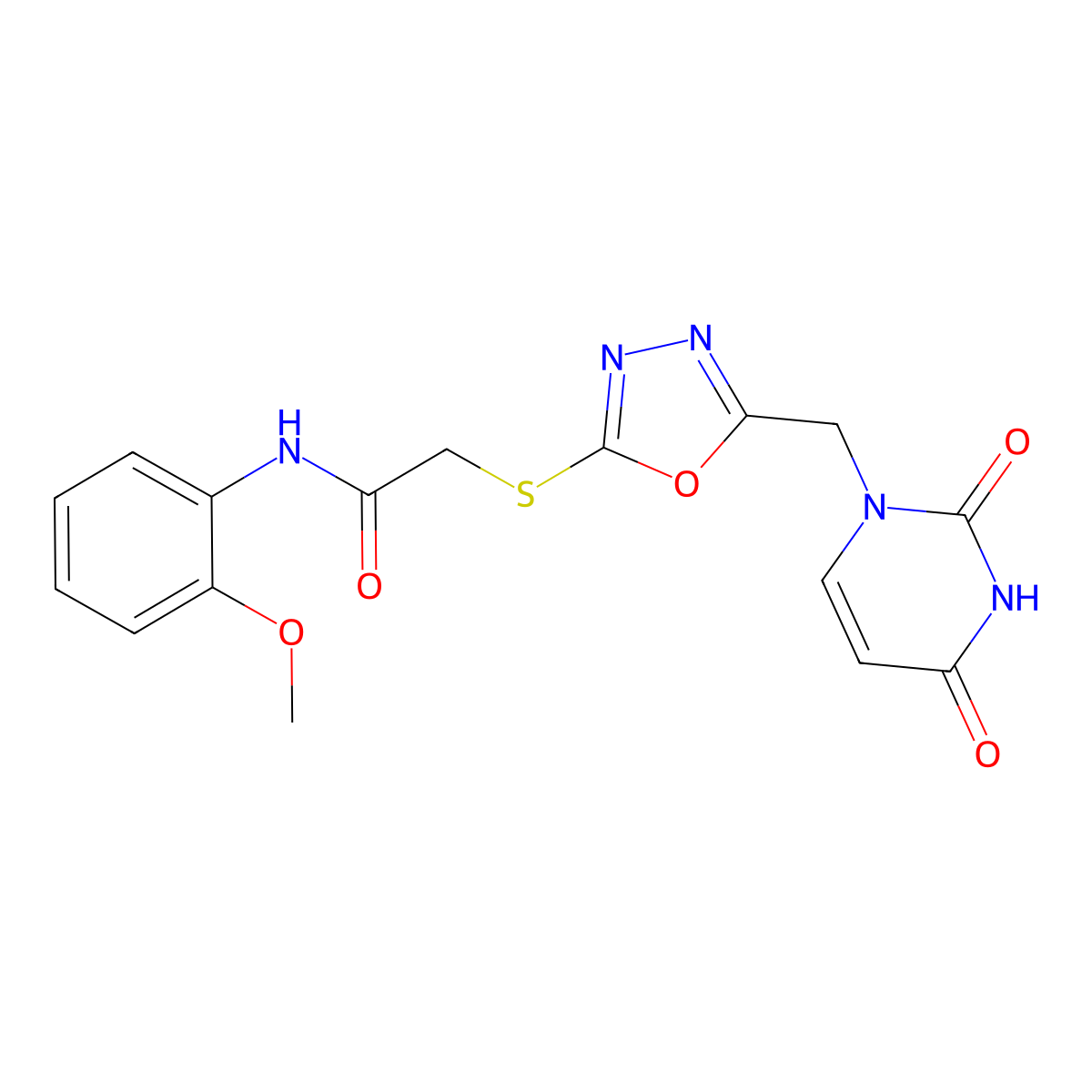 2-((5-((2,4-dioxo-3,4-dihydropyrimidin-1(2H)-yl)methyl)-1,3,4-oxadiazol-2-yl)thio)-N-(2-methoxyphenyl)acetamide molecular structure, CAS 1091393-31-5