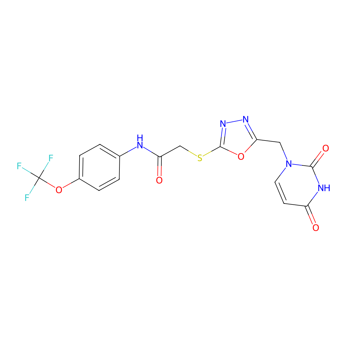 2-((5-((2,4-dioxo-3,4-dihydropyrimidin-1(2H)-yl)methyl)-1,3,4-oxadiazol-2-yl)thio)-N-(4-(trifluoromethoxy)phenyl)acetamide molecular structure, CAS 1091393-60-0