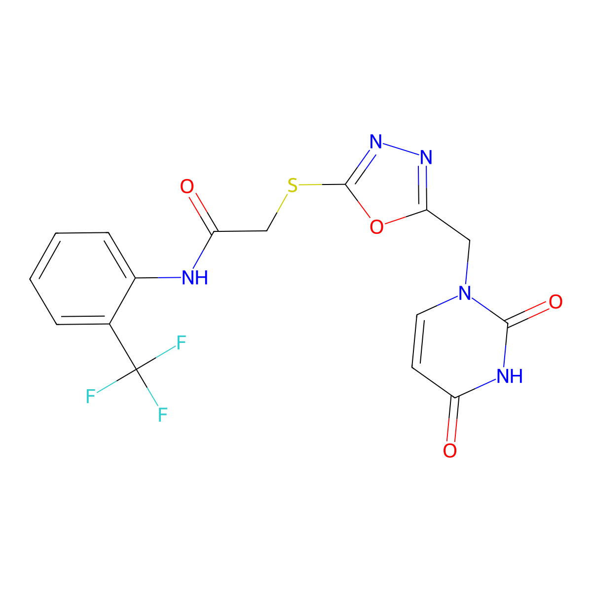 2-((5-((2,4-dioxo-3,4-dihydropyrimidin-1(2H)-yl)methyl)-1,3,4-oxadiazol-2-yl)thio)-N-(2-(trifluoromethyl)phenyl)acetamide molecular structure, CAS 1091393-64-4