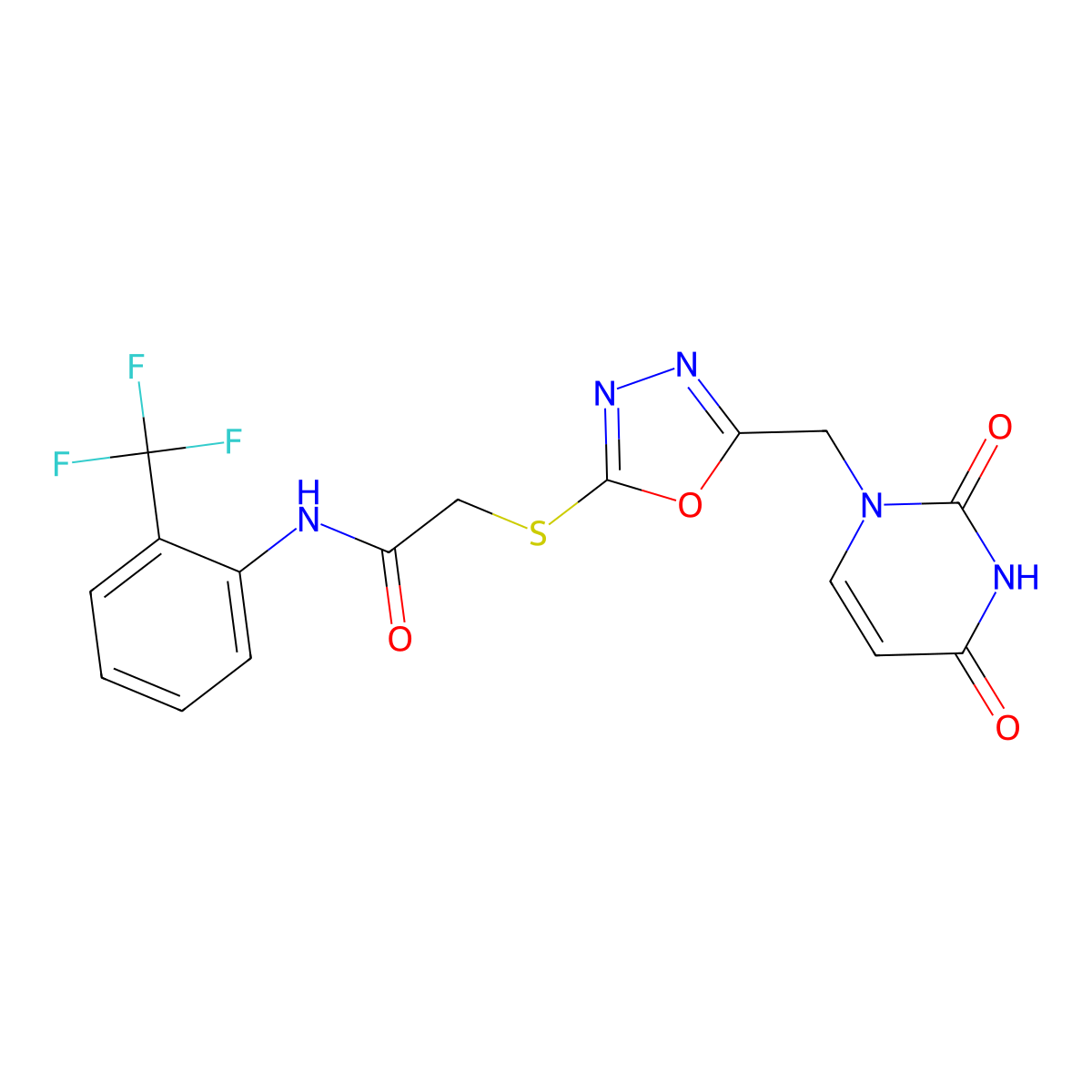 2-((5-((2,4-dioxo-3,4-dihydropyrimidin-1(2H)-yl)methyl)-1,3,4-oxadiazol-2-yl)thio)-N-(2-(trifluoromethyl)phenyl)acetamide molecular structure, CAS 1091393-64-4