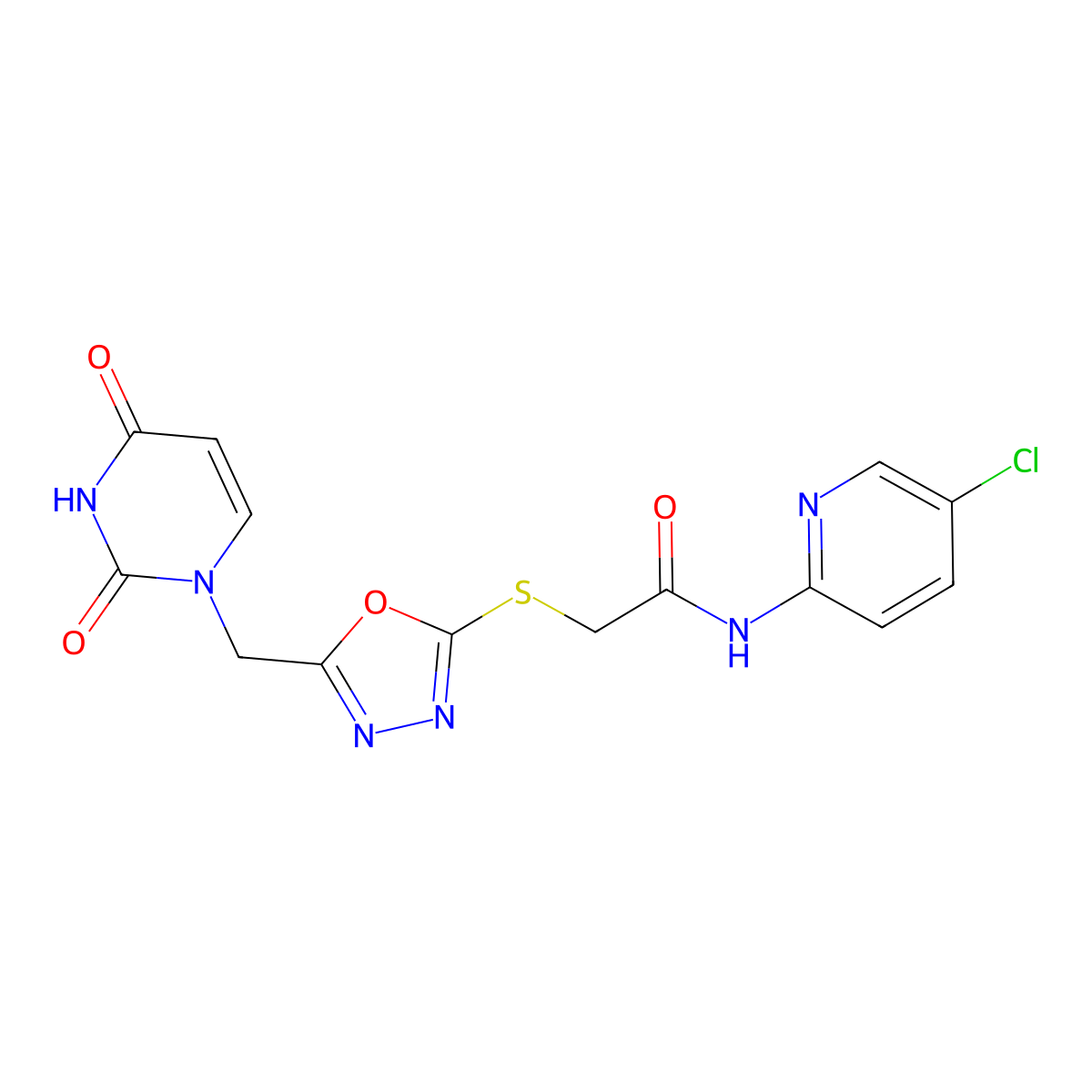 N-(5-chloropyridin-2-yl)-2-((5-((2,4-dioxo-3,4-dihydropyrimidin-1(2H)-yl)methyl)-1,3,4-oxadiazol-2-yl)thio)acetamide molecular structure, CAS 1091393-72-4