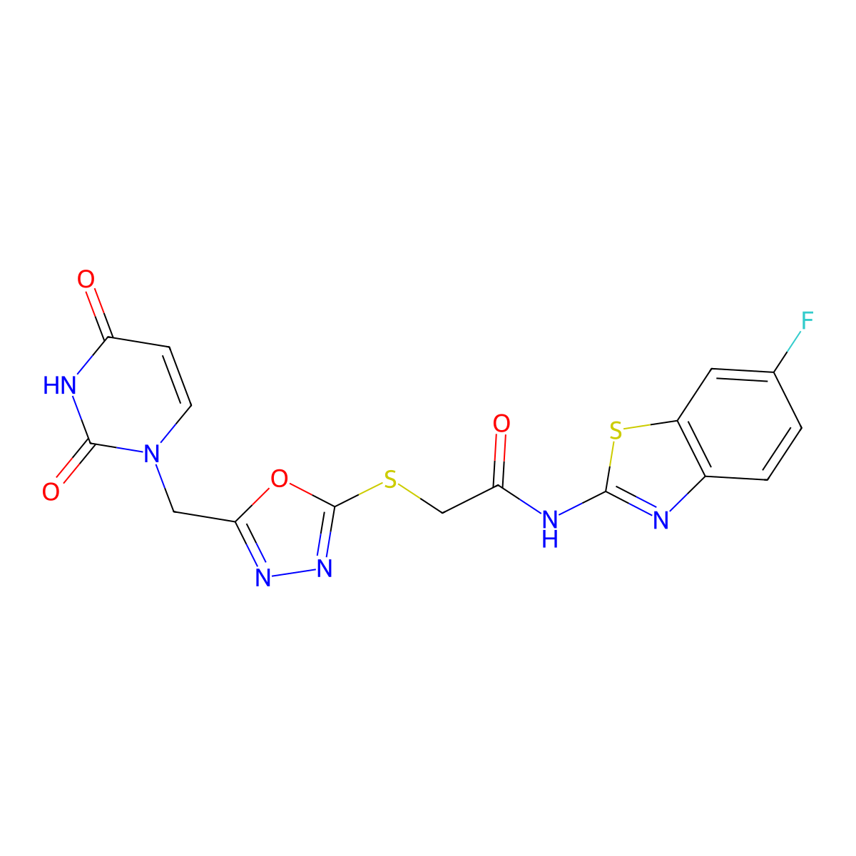 2-((5-((2,4-dioxo-3,4-dihydropyrimidin-1(2H)-yl)methyl)-1,3,4-oxadiazol-2-yl)thio)-N-(6-fluorobenzo[d]thiazol-2-yl)acetamide molecular structure, CAS 1091393-84-8