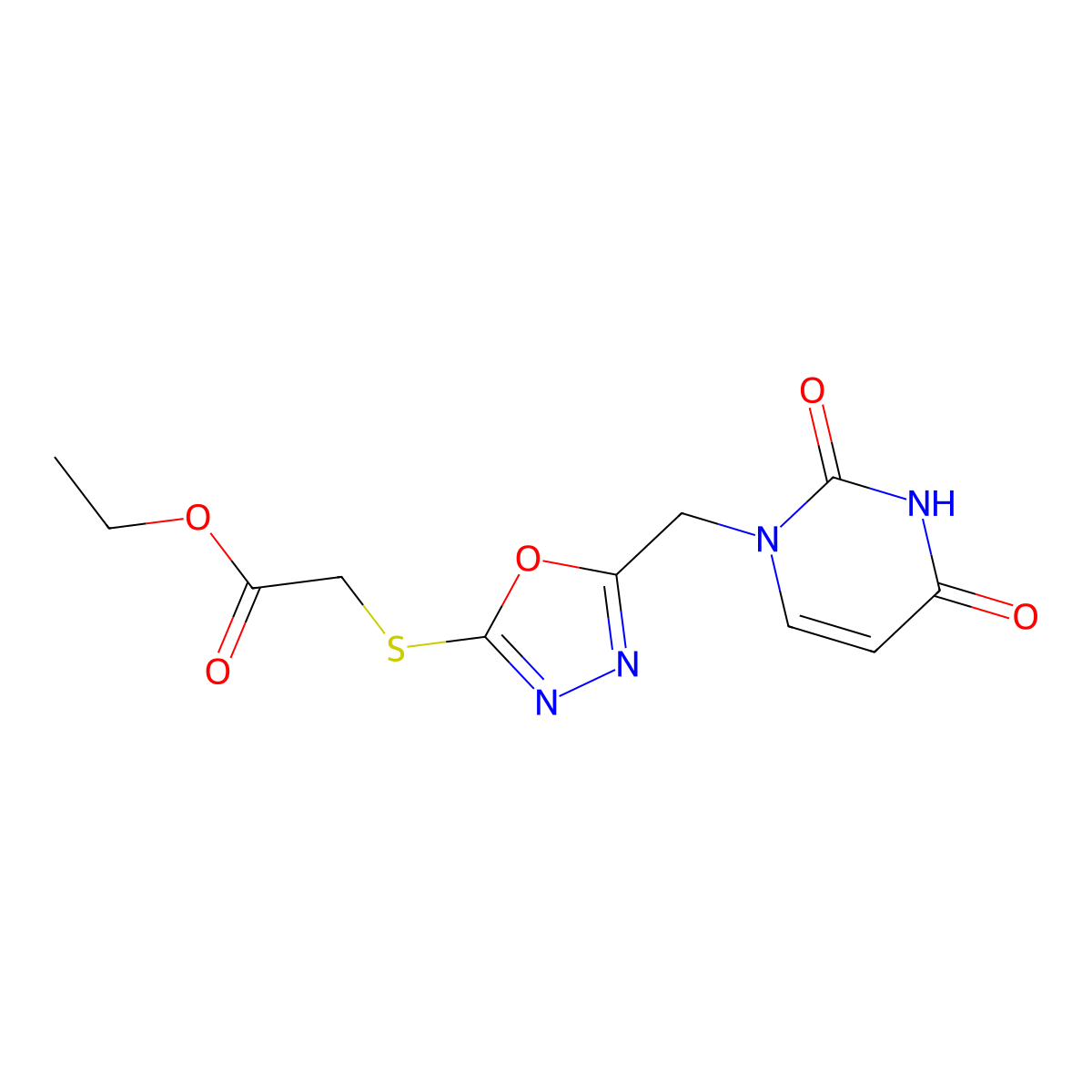 ethyl 2-((5-((2,4-dioxo-3,4-dihydropyrimidin-1(2H)-yl)methyl)-1,3,4-oxadiazol-2-yl)thio)acetate molecular structure, CAS 1091394-08-9