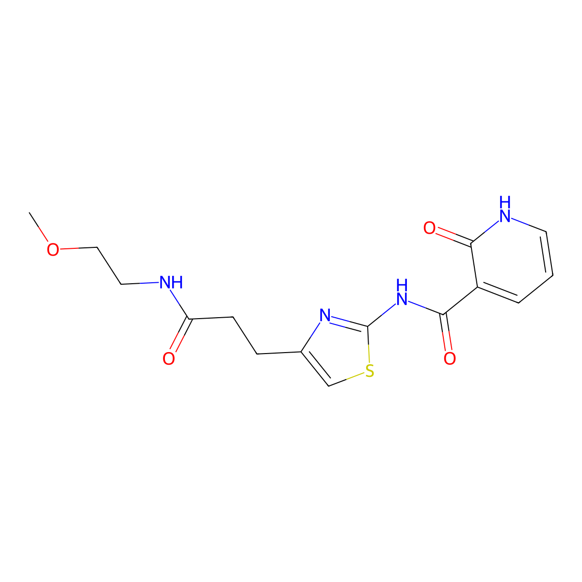 N-(4-(3-((2-methoxyethyl)amino)-3-oxopropyl)thiazol-2-yl)-2-oxo-1,2-dihydropyridine-3-carboxamide molecular structure, CAS 1091408-92-2
