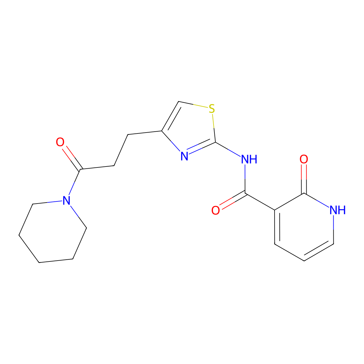 2-oxo-N-(4-(3-oxo-3-(piperidin-1-yl)propyl)thiazol-2-yl)-1,2-dihydropyridine-3-carboxamide molecular structure, CAS 1091409-55-0