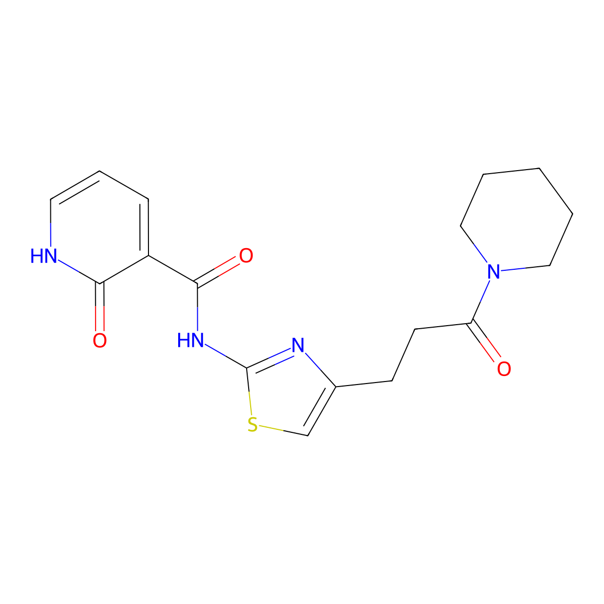 2-oxo-N-(4-(3-oxo-3-(piperidin-1-yl)propyl)thiazol-2-yl)-1,2-dihydropyridine-3-carboxamide molecular structure, CAS 1091409-55-0
