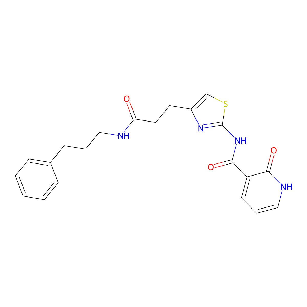 2-oxo-N-(4-(3-oxo-3-((3-phenylpropyl)amino)propyl)thiazol-2-yl)-1,2-dihydropyridine-3-carboxamide molecular structure, CAS 1091409-87-8
