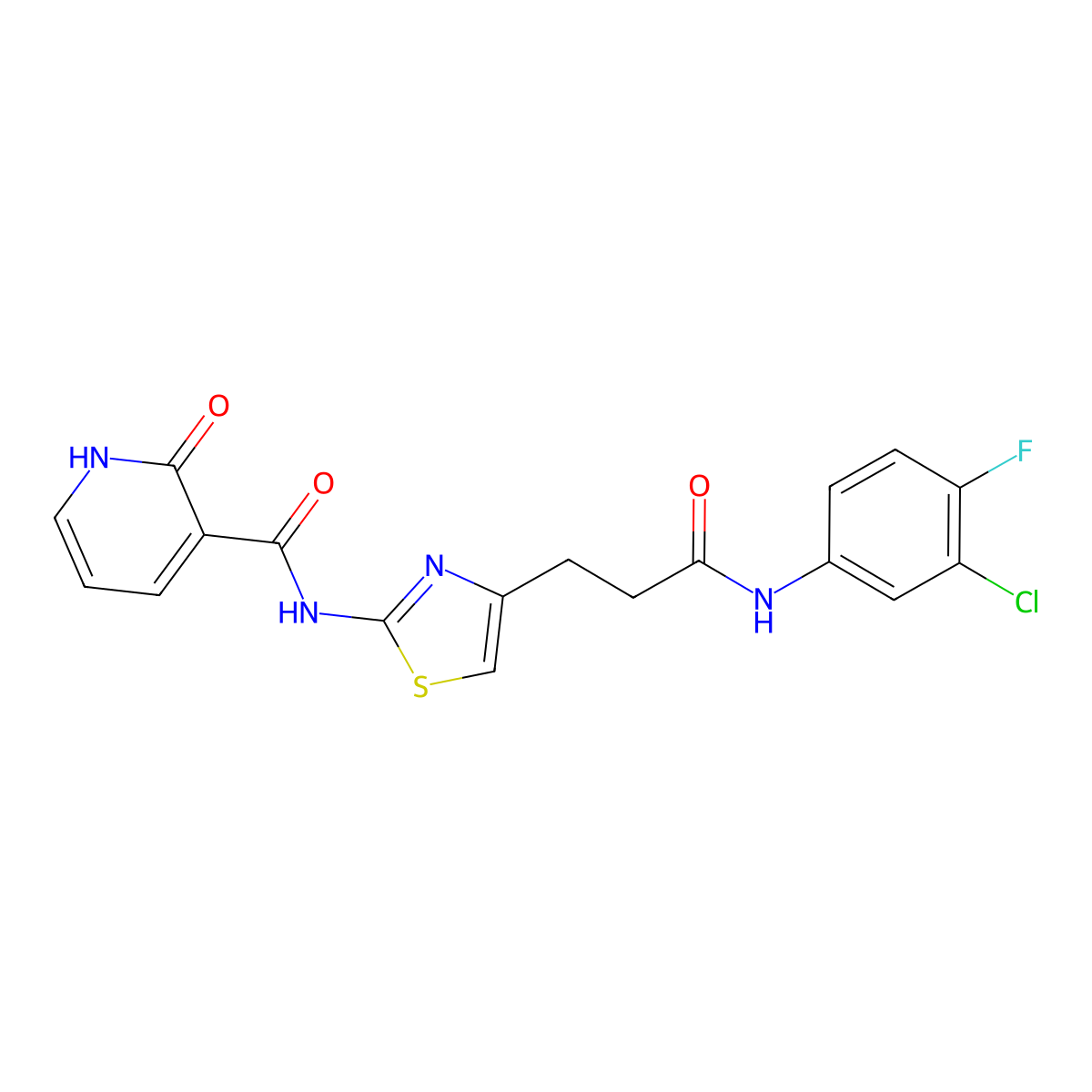 N-(4-(3-((3-chloro-4-fluorophenyl)amino)-3-oxopropyl)thiazol-2-yl)-2-oxo-1,2-dihydropyridine-3-carboxamide molecular structure, CAS 1091410-38-6
